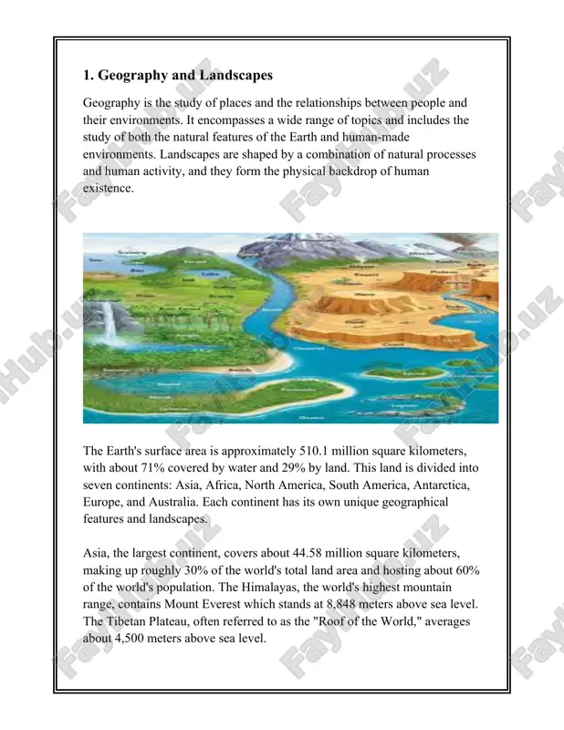 an covers about 70.56 million square kilometers. geographical formations such as volcanoes, geysers, and valleys add to the diversity of landscapes. the ring of fire, a major area in the pacific ocean, is renowned for a large number of active volcanoes and earthquake activity, stretching around 40,000 kilometers. deserts, forests, mountains, plains, plateaus, and rivers contribute to earth’s varied and complex geography, providing distinctive habitats and climates. the grand canyon in the united states, over 1,800 meters deep, illustrates the immense power of erosion. in sum, the geography and landscapes of the earth are intricate and varied, shaped by both natural forces and human intervention, contributing to the rich tapestry of our planet. 2. history and heritage certainly, here is detailed information on the topic of history and heritage: the concept of "history and heritage" encompasses a wide array of subjects including the development of human civilization, cultural heritage, historical …