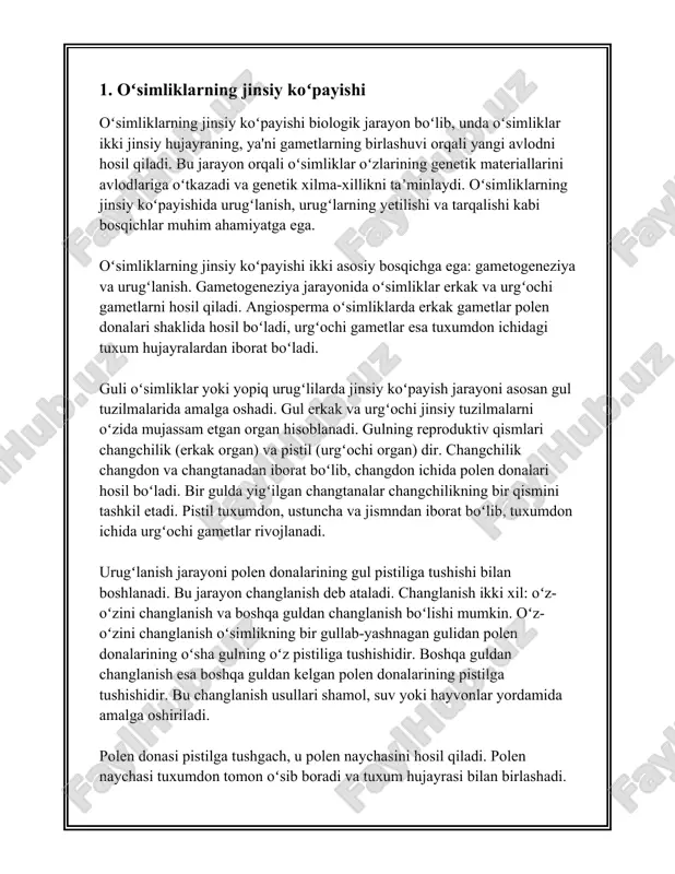 hujayrali oʻsimliklarda urugʻ paydo boʻlishi bilan boshlanadi. ushbu faza spermatozoid va tuxum hujayralari birlashishi natijasida urugʻ oʻsimtasi paydo boʻlishidan boshlanadi. urugʻ oʻsimtasi yetilgan sporofit oʻsimlikka aylanadi va u boʻlinish yordamida reproduktiv strukturalarni, masalan, gugurt va gullarga oʻxshash asarlar, yaratadi. mosslarda (mohlar yoki saman oʻtlarida) sporofit fazasi o'simliklarning ko'p qismi bo'lgan gametofit fazasidan sezilarli farq qiladi. mosslar antosporangiumdan kikilgan sopi (seta) bo'lib, sporofitning to'la turg'unligini ko'rsatadi. sporofit bu o'simliklar uchun odatda kichikroq va kamroq mustaqildir; u gametofitga bog'liq bo'ladi va unga oziq moddalarini yollaydi. pteridofitlar, masalan, o't-o‘lanlar, ichi yirik o'simliklarda sporofit o'simlik butun vegetativ tanani tashkil qiladi, mana shunaqa ko'rinishda bo’lgan o'simliklar hali gullaydigan o'simliklar (angiospermalar va gymnospermalar) kabi rivojlangan emas. o'simliklar vakilida, tayoqcha, barg va risom orqali sporofit shaxsiy mustaqilligini namoyon qiladi. spermatofitlar (urug' ochuvchi o'simliklar), ya’ni gymnospermlar va angiospermlar, rivojlanishni urug' ichida boshlaydi. urug' ochuvchi o'simliklar oʻsmir boʻlinmasdan kurtak hosil qiladi. ushbu kattaroq vegetativ oʻsimlik o'sib, gullab, meva va …