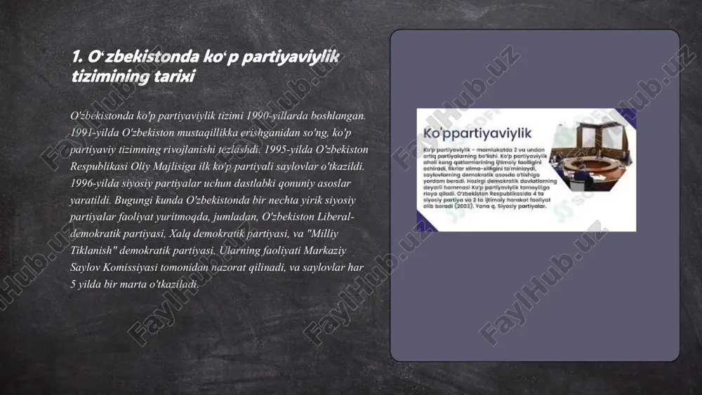 lovlari 2019-yil dekabrda boʻlib oʻtdi, unda uzlidep eng koʻp oʻrinlarni egalladi. oʻzbekistonda saylovlarda har bir fuqaroga teng ovoz huquqi berilgan va saylovlarda ishtirok etish koeffitsiyenti oʻrtacha 70% ni tashkil qiladi. ... t.me/slaydai_bot oʻzbekistonda koʻp partiyaviylikning qonuniy asosi 1992-yilda qabul qilingan oʻzbekiston respublikasi konstitutsiyasiga asoslanadi. konstitutsiyaning 34- moddasi fuqarolarning siyosiy partiyalar tuzish huquqini kafolatlaydi. bundan tashqari, 1996-yilda "siyosiy partiyalar toʻgʻrisida" gi qonun qabul qilingan boʻlib, u partiyalarning roʻyxatdan oʻtishi, faoliyati va huquqlari boʻyicha koʻrsatmalar beradi. 2007-yilda esa "siyosiy partiyalarni moliyalashtirish toʻgʻrisida" gi qonun joriy etildi. bugungi kunda oʻzbekistonda beshta asosiy siyosiy partiya mavjud: oʻzbekiston liberal-demokratik partiyasi, oʻzbekiston xalq demokratik partiyasi, adolat sotsial-demokratik partiyasi, milliy tiklanish demokratik partiyasi va ekologik partiya. ... t.me/slaydai_bot 7. oʻzbekistonda koalitsion hukumatlar oʻzbekistonda koalitsion hukumatlar shakllantirilmagan, chunki mamlakat koalitsion boshqaruv tajribasiga ega emas. 1991- yildan buyon oʻzbekiston prezidenti rahbarligida bir partiyali hukumat shakllantirilgan. asosiy siyosiy partiyalar oʻzbekiston liberal-demokratik partiyasi (oʻzlidep), xalq demokratik partiyasi (xdp) va milliy tiklanish …