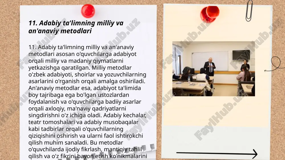 gan. shuningdek, yangilanish jarayonlari ichki ish samaradorligini oshirishga, yangi bozor segmentlariga kirishga va global miqyosda raqobat qilish imkoniyatlariga yo‘l ochadi. bu jarayonlar hududiy iqtisodiyotlarni rivojlantirishda ham muhim ahamiyat kasb etadi. ... t.me/slaydai_bot oʻzbek adabiy tanqidi oʻziga xos xususiyatlari bilan ajralib turadi. 19-asr oxiri va 20-asr boshlarida abdulla avloniy, fitrat, hamza kabi adiblar tanqidchilik maktabini rivojlantirishga katta hissa qoʻshdilar. oʻsha davrda jamiyat muammolariga eʼtiborni qaratish, axloqiy va maʼnaviy qadriyatlarni tanqidiy tahlil qilish asosiy tamoyillardan boʻlgan. 20-asr oʻrtalarida gʻafur gʻulom va oybek kabi yozuvchilar bu anʼanani davom ettirib, adabiy tanqidda yangi uslublarni olib keldilar. mustaqillik davrida esa alisher navoiy va boshqa klassiklar ijodini qayta koʻrib chiqish, milliy qadriyatlar va anʼanalarni yangilash yoʻlida adabiy tanqidning vazifalari kengaydi. ... t.me/slaydai_bot 5. adabiyotshunoslik va tanqid adabiyotshunoslik va tanqid adabiyotni o‘rganish, tahlil qilish va baholash bilan shug‘ullanuvchi ilmiy sohadir. o‘zbek adabiyotshunosligida abdulla qahhor, g‘afur g‘ulom kabi muhim shaxslar mavjud. 1920-yillardan boshlab o‘zbek adabiyotida tanqidiy yondashuv kuchaydi. …