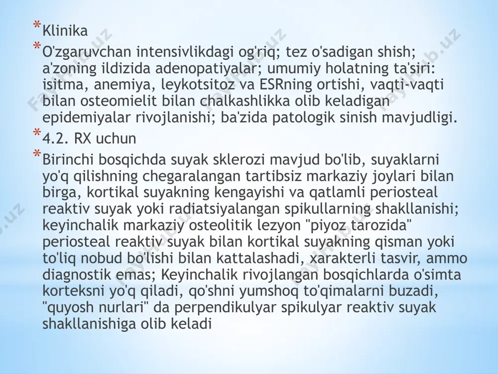us yuing sarkomasi (suyakdan tashqari to'qimalarda eving sarkomasi) va eving sarkomasi oilasi o'smalari deb ham ataladi. differentsiatsiyalanmagan yumaloq hujayrali sarkoma suyak yoki yumshoq to'qimalarda ham paydo bo'lishi mumkin. differentsiatsiyalanmagan yumaloq hujayrali sarkoma odatda suyaklarda yoki suyaklarga biriktirilgan mushaklarda paydo bo'ladi va tananing harakatlanishiga yordam beradi. differentsiatsiyalanmagan yumaloq hujayrali sarkomaning uchta turi mavjud, ular yuing sarkomasi kabi davolanadi: qayta tuzilishlar bilan ajratilmagan yumaloq hujayrali sarkoma bcor-ccnb3. ushbu turdagi suyak shishi odatda tos, qo'l yoki oyoqlarda hosil bo'ladi. u tananing boshqa qismlariga tarqalishi mumkin. ushbu turdagi yumaloq hujayrali sarkomada gen bcor gen bilan bog‘lanadi ccnb3. dumaloq hujayrali sarkoma tashxisini qo'yish uchun o'simta hujayralari ushbu genetik o'zgarish uchun tekshiriladi. qayta tuzilishlar bilan ajratilmagan yumaloq hujayrali sarkoma cic-dux4. ushbu turdagi yumshoq to'qimalar shishi odatda magistral, qo'l yoki oyoqlarda hosil bo'ladi. ko'proq erkaklar va 21 yoshdan 40 yoshgacha bo'lgan yoshlarda uchraydi. ushbu turdagi yumaloq hujayrali sarkomada gen cic gen bilan bog‘lanadi doge4. dumaloq hujayrali sarkoma …