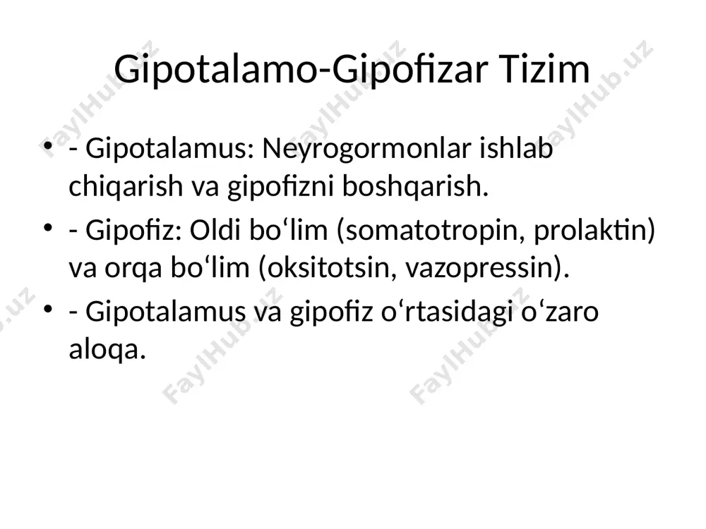 tni bostiradi. - jinsiy gormonlar: ikkinchi darajali jinsiy belgilarni rivojlantiradi. - medulla gormonlari: - adrenalin va noradrenalin: tezkor stress reaksiyalarida ishtirok etadi. gipotalamo-gipofizar tizim va boshqa bezlar - gipotalamus va qalqonsimon bez: - trh gipofizdan tsh ajralishini rag‘batlantiradi. - tsh qalqonsimon bezdan t3 va t4 ishlab chiqarishni boshqaradi. - gipotalamus va buyrak usti bezlari: - crf gipofizdan acth ajralishini kuchaytiradi. - acth buyrak usti bezlaridan kortizol ajralishini ta’minlaydi. - endokrin bezlarning birgalikdagi ishlashi organizmning umumiy muvozanatini saqlaydi. kasalliklar va patologiyalar - gipotalamo-gipofizar tizim disfunksiyasi: - gigantizm: o‘sish gormonining ortiqcha ishlab chiqarilishi. - akromegaliya: voyaga yetgandan keyin o‘sish gormonining ko‘pligi. - diabetes insipidus: vazopressin yetishmovchiligi. - qalqonsimon bez patologiyalari: - graves kasalligi: gipertiroidizm sababi. - hashimoto tiroiditi: gipotiroidizm sababi. - buyrak usti bezlari kasalliklari: - addison kasalligi: kortizol yetishmovchiligi. - kushing sindromi: kortizolning ortiqcha ishlab chiqarilishi.