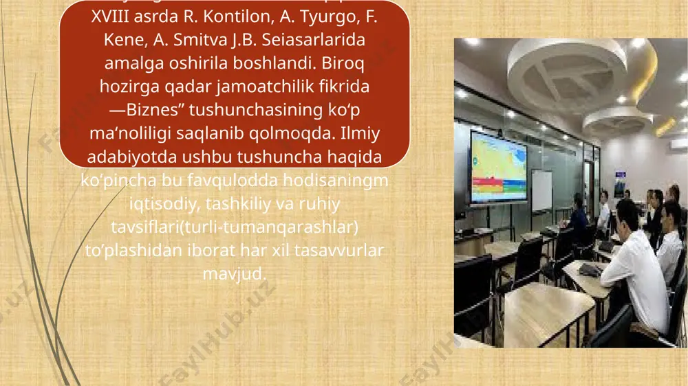 tadi. jahon iqtisodiyoti amaliyotida kichik ishlab chiqarish shakllarining yirik korxonalarga nisbatan umumiy salmog ̳i, yalpi ichki mahsulot (yaim)dagi, faoliyat olib borayotgan korxonalar sonidagi ulushi, shuningdek, bandlikni ta‘minlashdagi roli yuqori. masalan, rivojlangan mamlakatlarda kichik va o ̳rta biznesning yaimdagi ulushi 50 foizdan ortiq, ba‘zi mamlakatlarda esa, 60–70 foizgacha. ularning korxonalar umumiy sonidagi ulushi ba‘zi hollarda 95–98 foizgacha, umumiy bandlikdagi ulushi esa, 60-80 foizni tashkil etadi. biznesni tashkil etishda zarur bo‘lgan omillar har qanday tadbirkorlik ma‘lum bir hududda: mamlakat, viloyat, shahar yoki qishloq miqyosida olib boriladi. tadbirkorlik faoliyatini samarali olib borish uchun ma‘lum bir ishchi muhiti bo’lishi lozim. bunday muhit ayrim hududlar miqyosida mujassamlanib, o’zida ishbilarmonlikni amalga oshirishni mujassamlantirgan. umumiyholda tadbirkorlik muhiti asosan quyidagi to’rt omil: huquqiy, siyosiy,ijtimoiy va iqtisodiy omillarning o’zaro bog‘liqligi natijasida amalga oshiriladi. ular ijobiy yoki rag’batlantirish ko’nishida ham shakllanishi mumkin. ushbu holda mamlakat yoki mintaqadagi mavjud shart-sharoitlar tadbirkorlik faoliyatini olib borish uchun mos bo’ladi,chunki bunday muhit tadbirkorga amalga …