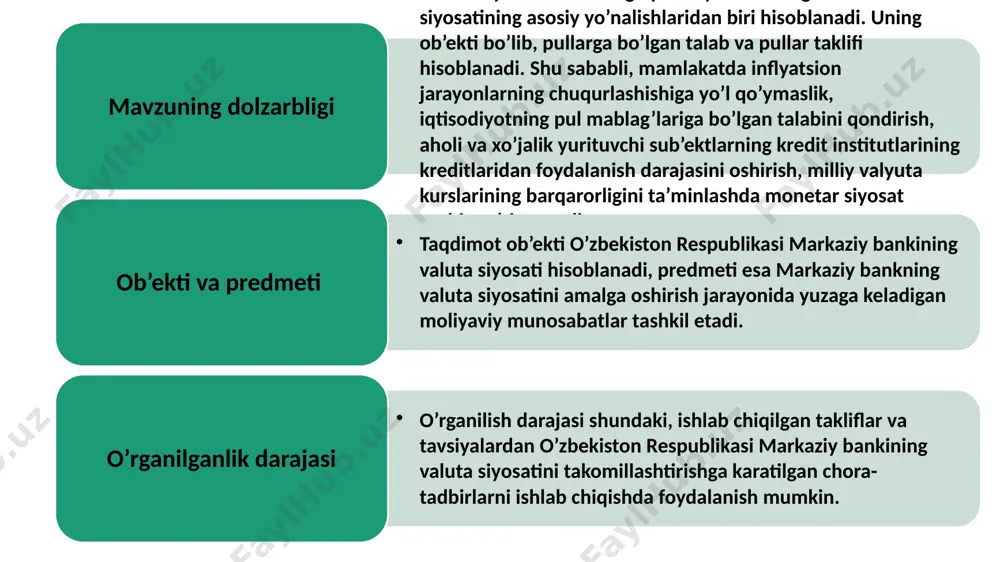 ri bunday majburiyatlarni o‘z zimmalariga olgan bo‘lmasa yoki qonun hujjatlarida boshqacha tartib nazarda tutilgan bo‘lmasa, javobgar emas. markaziy bankning auditi har yili mustaqil nazorat tashkilotlari tomonidan amalga oshiriladi. oliy majlis senati: 2. markaziy bankning valuta siyosati mohiyati. markaziy bank, hisob palatasi, moliya vazirligi, davlat soliq qo‘mitasi va davlat bojxona qo‘mitasi o‘zbekiston respublikasida valutani nazorat qiluvchi organlardir. bu haqda “valutani tartibga solish to‘g‘risida”gi qonunning yangi tahririda aytilgan. valutani nazorat qiluvchi organlar o‘zbekiston respublikasida rezidentlar va norezidentlar tomonidan o‘tkaziladigan valuta operatsiyalarining o‘zbekiston respublikasi qonun hujjatlariga muvofiqligiga taalluqli qismi bo‘yicha nazoratni o‘z vakolatlari doirasida amalga oshirishi shart. -valutani tartibga solish to‘g‘risidagi qonun hujjatlariga rezidentlar va norezidentlar tomonidan rioya etilishi yuzasidan tekshiruvlarni amalga oshirishga; -rezidentlar va norezidentlarning valuta operatsiyalari bo‘yicha hisob va hisobotlarining to‘liqligi hamda to‘g‘riligini tekshirishni belgilangan tartibda amalga oshirishga; -valuta operatsiyalarini amalga oshirish bilan bog‘liq hujjatlarni va axborotni so‘rab olishga; -valuta operatsiyalari bo‘yicha hisobotlarni taqdim etish tartibini belgilashga; -aniqlangan kamchiliklarni bartaraf etish …