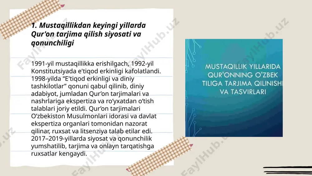 ildan boshlab davlat organlari, o‘zbekiston musulmonlari idorasi, madaniyat va ta’lim vazirliklari hamda oliy ta’lim va ilmiy markazlar qur’on tarjima loyihalarini muvofiqlashtirdi. davlat grantlari, nashriyot qoidalari va ekspert komissiyalari tarjima sifati va xalq bilan yetkazilishini ta’minladi. diniy muassasalar an’aviy va tafsiriy qarashlarni, ilmiy muassasalar akademik tahlil va leksikani takomillashtirishni amalga oshirdi. ... t.me/slaydai_bot 1991-yildan boshlab mustaqillik davrida qur'onning o'zbekcha tarjimalari davlat va nodavlat nashriyotlar tomonidan nashr etila boshlandi. tarjimalar kirill va lotin yozuvida (2 yozuv) chop etildi. nashr jarayonida diniy ekspertiza va davlat ro'yxatga olish tartiblari joriy etildi. chop va tarqatish kanallari: masjidlar, kitob do'konlari, ta'lim muassasalari va onlayn platformalar. 2000-yillardan boshlab pdf, audio va mobil formatlardagi tarqatish kengaydi. mustaqillik yillarida qur'onning o'zbek tiliga tarjima qilinishi va tafsirlari ne'matova nafosat e'tiboringiz uchun raxmat! image1.png image2.png image3.png image4.jpg image5.png image6.jpg image7.jpg
