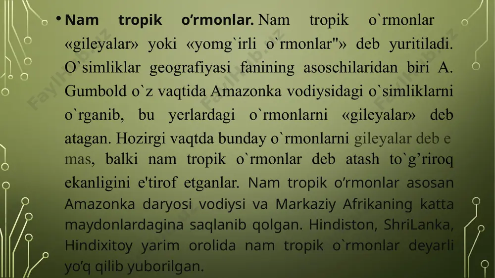atrofida yog’adi. qurg`oqchilik 4-6 oy davom etadi. masalan, braziliya savannalarida yillik yog’`ingarchilik 1500 mm bo`lib, shundan may avgust oylarida atigi 100 mm yog’adi. g`arbiy afrikada esa yillik. yog’ingarchilik 1000 mm tashkil etsada, iyun sentyabr oylarida atigi 10 mm yog’in yog’adi. yil davomida temperatura yuqori bo`ladi. masalan, braziliya savannalarida sentyabr aprel oylarida o`rtacha temperatura 18-21° ni, may avgust oylarida esa 14-15° ni tashkil qiladi. savannalarda kserofil o’t va ba’zan kserofil daraxtlar uchraydi. daraxtlar bo’yi past bo`lib, shoxlari tikanli va barglari dag`aldir. kserofil daraxtlarning patsimon barglari quyosh nuriga nisbatan o`z holatini o`zgartib turish xususiyatiga ega. ammo ular har yili qurg`oqchilik paytida to`kiladi. bularning hammasi kserofil o`simliklarning noqulay sharoitga moslanuvchanligidan dalolat beradi. doimo yashil bargli o`simliklarning barglari tukli va dag`al bo`lib, ko`p yillik o`t va bargini to`kadigan ba'zi daraxtlarning kurtaklari esa tangachalar bilan qoplangan. ular, asosan, boshoqdoshlar oilasining vakillaridan iborat bo`lib, bo`yi. 1-3 m atrofida va ular qalin qoplam hosil qilmaydi va natijada …