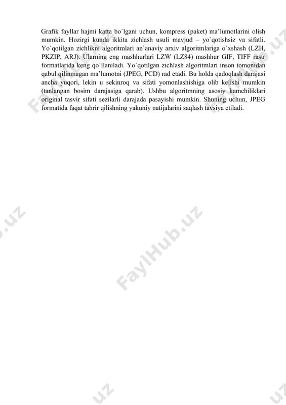 yo`qotilgan zichlash algoritmlari inson tomonidan qabul qilinmagan ma’lumotni (jpeg, pcd) rad etadi. bu holda qadoqlash darajasi ancha yuqori, lekin u sekinroq va sifati yomonlashishiga olib kelishi mumkin (tanlangan bosim darajasiga qarab). ushbu algoritmning asosiy kamchiliklari original tasvir sifati sezilarli darajada pasayishi mumkin. shuning uchun, jpeg formatida faqat tahrir qilishning yakuniy natijalarini saqlash tavsiya etiladi.