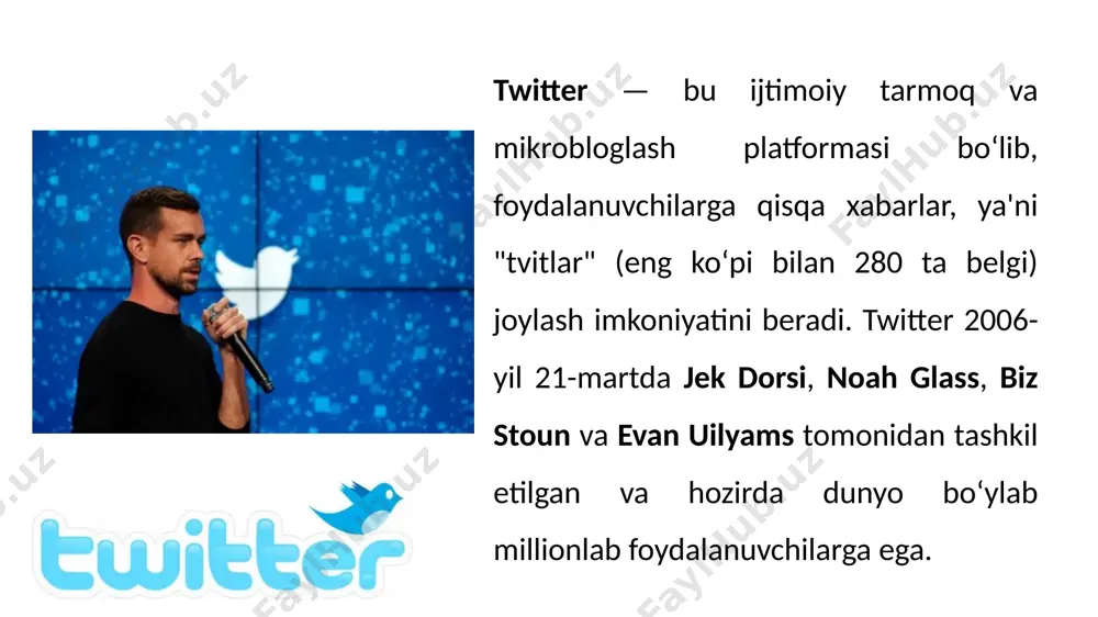 nd fears of 'free speech' plan“ (2022-yil 16-dekabr). 2022-yil 17-dekabrda asl nusxadan arxivlangan. qaraldi: 2022-yil 22-aprel. ↑ „twitter podal v sud na maska za otkaz ot pokupki sotsseti“ (2022-yil 13-iyul). 2022-yil 16-dekabrda asl nusxadan arxivlangan. qaraldi: 2022-yil 16-dekabr. ↑ „ilon mask twitter’ni 44 mlrd dollarga sotib oldi“ (2022-yil 26-aprel). 2022-yil 16-dekabrda asl nusxadan arxivlangan. qaraldi: 2022-yil 16-dekabr. ↑ „ilon mask kupil twitter za $44 mlrd“ (2022-yil 16-dekabr). 2022-yil 16-dekabrda asl nusxadan arxivlangan. qaraldi: 2022-yil 16-dekabr. ↑ „ilon mask uvolil polovinu sotrudnikov twitter i vvyol platu za verifikatsiyu“ (2022-yil 7-noyabr). 2022-yil 16-dekabrda asl nusxadan arxivlangan. qaraldi: 2022-yil 16-dekabr. ↑ „simon oksli“. https://en.wikipedia.org. ↑ „bu logotipni kim yasagan?“. https://www.nytimes.com. e’tiboringi uchun rahmat image1.png image2.jpeg image3.png image4.jpeg image5.jpeg image6.jpeg image7.jpeg image8.jpeg image9.jpeg image10.png image11.jpeg image12.gif