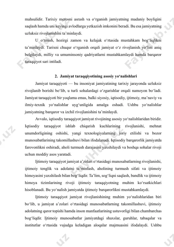 tizimlarining rivoji ijtimoiy taraqqiyotning muhim ko‘rsatkichlari hisoblanadi. bu yo‘nalish jamiyatda ijtimoiy barqarorlikni mustahkamlaydi. ijtimoiy taraqqiyot jamiyat rivojlanishining muhim yo‘nalishlaridan biri bo‘lib, u jamiyat a’zolari o‘rtasidagi munosabatlarning takomillashuvi, ijtimoiy adolatning qaror topishi hamda inson manfaatlarining ustuvorligi bilan chambarchas bog‘liqdir. ijtimoiy munosabatlar jamiyatdagi shaxslar, guruhlar, tabaqalar va institutlar o‘rtasida vujudga keladigan aloqalar majmuasini ifodalaydi. ushbu munosabatlar qanchalik sog‘lom va adolatli bo‘lsa, jamiyat taraqqiyoti shunchalik barqaror bo‘ladi. ijtimoiy taraqqiyot jarayonida jamiyat a’zolari o‘rtasidagi munosabatlar hamkorlik, o‘zaro hurmat, tenglik va mas’uliyat tamoyillari asosida shakllanadi. an’anaviy jamiyatlarda ijtimoiy munosabatlar ko‘pincha kelib chiqish, urug‘-aymoq yoki ijtimoiy mavqega bog‘liq bo‘lgan bo‘lsa, zamonaviy jamiyatda shaxsning bilim darajasi, mehnati va kasbiy malakasi muhim ahamiyat kasb etadi. bu esa ijtimoiy harakatchanlikning kuchayishiga olib keladi. jamiyat a’zolari o‘rtasidagi munosabatlarning rivojlanishida ijtimoiy institutlar muhim rol o‘ynaydi. oila, ta’lim muassasalari, mehnat jamoalari, davlat va fuqarolik jamiyati institutlari shaxsning jamiyatga moslashuvi va ijtimoiylashuvini ta’minlaydi. ayniqsa, ta’lim tizimi orqali shaxsda ijtimoiy mas’uliyat, jamoatchilik fikriga hurmat …