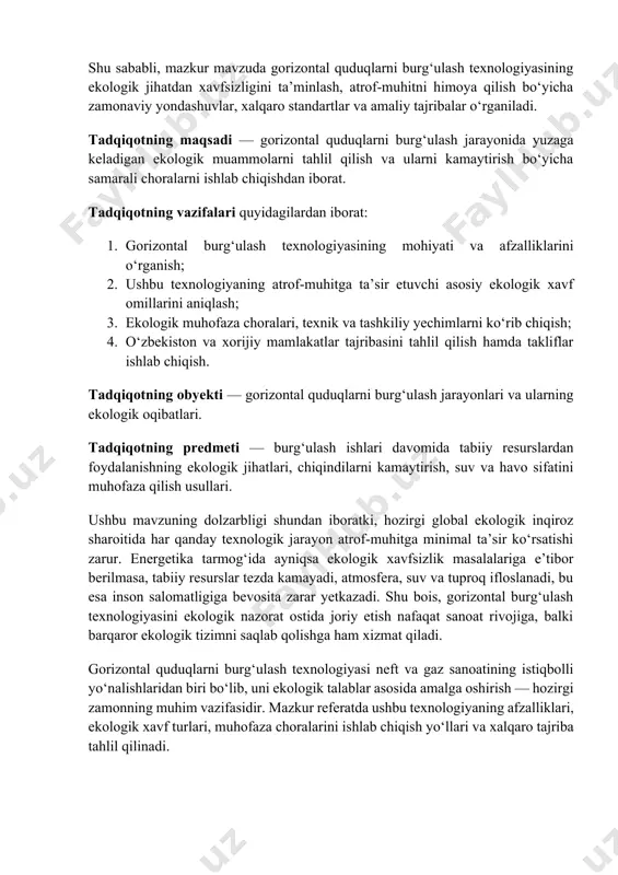 sa ekologik xavfsizlik masalalariga e’tibor berilmasa, tabiiy resurslar tezda kamayadi, atmosfera, suv va tuproq ifloslanadi, bu esa inson salomatligiga bevosita zarar yetkazadi. shu bois, gorizontal burg‘ulash texnologiyasini ekologik nazorat ostida joriy etish nafaqat sanoat rivojiga, balki barqaror ekologik tizimni saqlab qolishga ham xizmat qiladi. gorizontal quduqlarni burg‘ulash texnologiyasi neft va gaz sanoatining istiqbolli yo‘nalishlaridan biri bo‘lib, uni ekologik talablar asosida amalga oshirish — hozirgi zamonning muhim vazifasidir. mazkur referatda ushbu texnologiyaning afzalliklari, ekologik xavf turlari, muhofaza choralarini ishlab chiqish yo‘llari va xalqaro tajriba tahlil qilinadi. [image: yangi neft va gaz konlarini ochish borasida “o'zbekneftgaz” aj tomonidan amalga oshirilayotgan ishlar - review.uz] gorizontal quduqlarni burg‘ulash texnologiyasi va uning afzalliklari gorizontal quduqlarni burg‘ulash texnologiyasi so‘nggi o‘n yilliklarda neft va gaz qazib olish sohasida katta inqilob yasagan yangiliklardan biridir. bu usul birinchi marta xx asrning 30-yillarida qo‘llanilgan bo‘lsa-da, faqat 1980-yillardan boshlab yuqori aniqlikdagi burg‘ulash uskunalari va raqamli boshqaruv tizimlari paydo bo‘lgach, keng miqyosda …