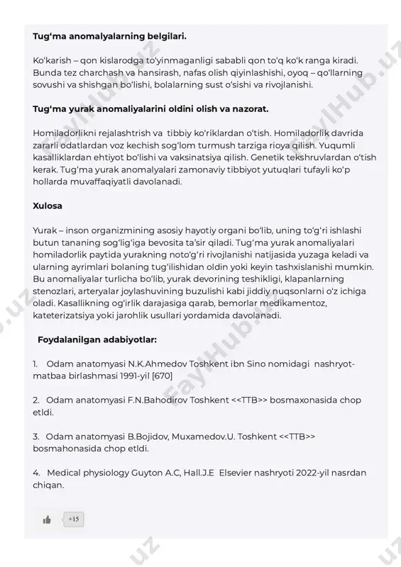yotgan qon miqdori kamayadi. o‘pka arteryasi stenozi – o‘pka tomirining torayishi natijasida kislarodga boy qon aylanishi buzuladi. transpozitsiya anomaliyalari: aorta va o‘pka arteryasi almashib qoladi. natijada qon aylanishi buzuladi. tug‘ma anomalyalarning belgilari. ko‘karish – qon kislarodga to‘yinmaganligi sababli qon to‘q ko‘k ranga kiradi. bunda tez charchash va hansirash, nafas olish qiyinlashishi, oyoq – qo‘llarning sovushi va shishgan bo‘lishi, bolalarning sust o‘sishi va rivojlanishi. tug‘ma yurak anomaliyalarini oldini olish va nazorat. homiladorlikni rejalashtrish va tibbiy ko‘riklardan o‘tish. homiladorlik davrida zararli odatlardan voz kechish sog‘lom turmush tarziga rioya qilish. yuqumli kasalliklardan ehtiyot bo‘lishi va vaksinatsiya qilish. genetik tekshruvlardan o‘tish kerak. tug‘ma yurak anomalyalari zamonaviy tibbiyot yutuqlari tufayli ko‘p hollarda muvaffaqiyatli davolanadi. xulosa yurak – inson organizmining asosiy hayotiy organi bo‘lib, uning to‘g‘ri ishlashi butun tananing sog‘lig‘iga bevosita ta’sir qiladi. tug‘ma yurak anomaliyalari homiladorlik paytida yurakning noto‘g‘ri rivojlanishi natijasida yuzaga keladi va ularning ayrimlari bolaning tug‘ilishidan oldin yoki keyin tashxislanishi mumkin. bu anomaliyalar …