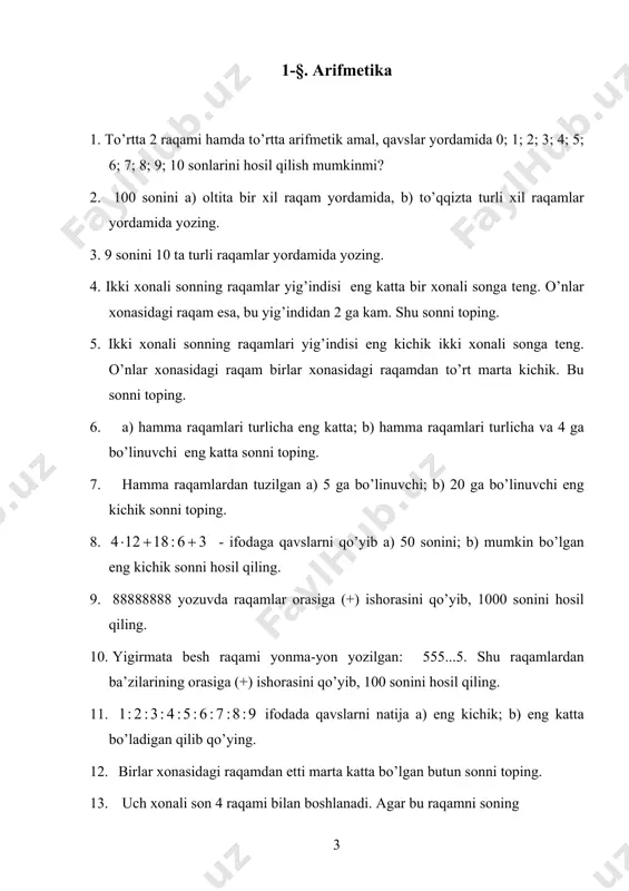 a ketma-ket kelgan butun sonlar to’rt xonali sonning minglar, yuzlar, o’nlar, birlar xonasi raqami. agar bu sonning raqamlari teskari tartibda yozilsa, berilgan son qancha ortadi? 25. ikki butun sonni qo’shishda o’quvchi ikkinchi qo’shiluvchining oxiriga ortiqcha nol qo’yib yubordi. natijada 2411 soninig o’rniga 6641 soni hosil qildi. ikkinchi qo’shiluvchini toping. 4 26. o’rtadagi ikkita raqami 97 bo’lib, 45 ga bo’linadigan nechta to’rt xonali son mavjud? 25. 15 soning o’ng va chap tomoniga bittadan raqam yozib, 15 ga bo’linadigan son hosil qiling. 26. a) shunday 3 ta turli natural son topingki, ularning yig’indisi shu sonlarning har biriga bo’linsin. b) xuddi shunday 3 ta sonni topigki, endi har bir son 100 dan katta bo’lsin. c) a) masalani 4 ta son uchun yeching. d) a) masalani 10 ta son uchun yeching 27. a) ixtiyoriy ikkitasi 1 dan katta umumiy bo’luvchiga ega bo’lib, uchtasining ekubi 1 ga teng bo’lgan 3 ta turli sonlarni toping. b) …
