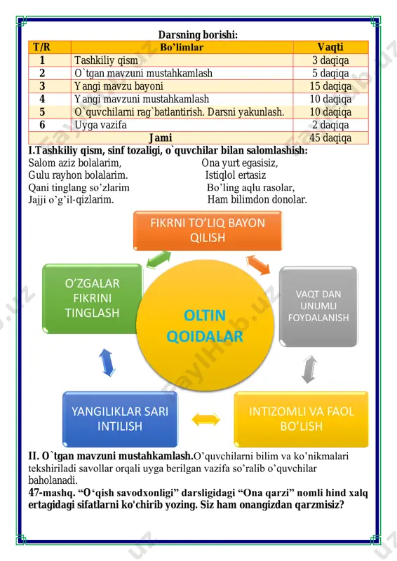 anadi.asosan issiq o’lkali o’rmonlarda yashaydi. 4.tikanlari bilan o’ralgan mayda hayvonlar bilan oziqlanadi. 5.bo’yni uzun yiriq vaznli qush lekin ucha olmaydi. 6.eng mehnatkash hasharot 7.tez yuguruvchi uy hayvoni. yumshoq yungli momiq yoqimtoy jonivor 49-mashq quyida berilgan hayvon va narsalarning xilxususiyatlarini ta’riflab yozing. shakliga (katta-kichikligiga) ko‘ra: (fil va quyon) fil katta - quyon kichkina. rangiga ko‘ra: (ko'mir va qand) ...ko’mir qora – qand oq mazasiga ko‘ra: (asal va qalampir) ...qalampir achchiq-asal shirin xil-xususiyatga ko‘ra: (it, quyon, tulki va bo‘ri) ...quyon tezkor, it vafodor, tulki ayyor, bo’ri yirtqich 50-mashq. topishmoqlarning javobini toping. ularni topishda sizga qaysi so‘zlar yordamga keldi? sifatlarni aniqlang. bu sifatlarni o‘z va ko'chma ma’noda qo'llab, gaplar tuzing. mavzuni mustahkamlash maqsadida “baliq ovi” deb nomlangan didaktik o’yin oynaymiz. bunda guruhlardan bittadan ovchi kelib, baliq tutadi. baliqlarning orqasida sifat so’z turkumiga oid so’zlar bor. ana shu so’zlar qatnashgan gap tuzadilar. masalan: yoqimli, shirin o’yin uchun shablon v.o`quvchilarni rag`batlantirish. darsni yakunlash.: darsda faol …