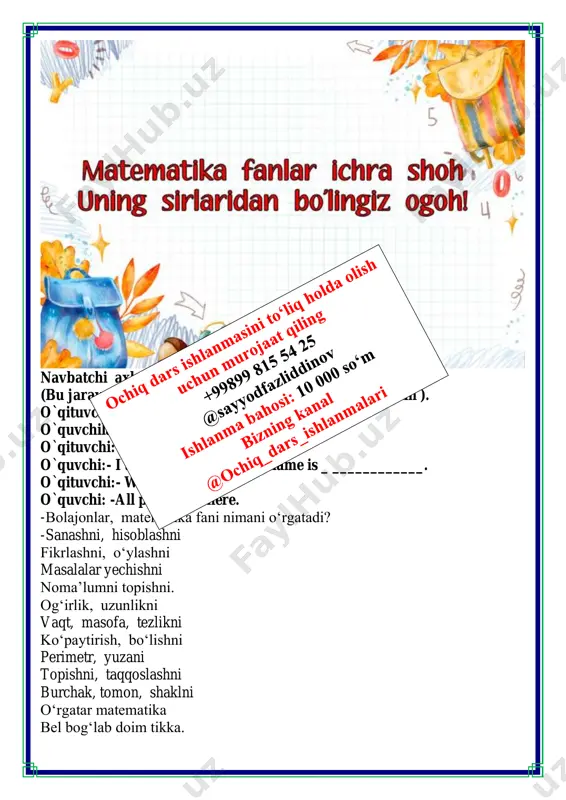 har bir mevaga mos kasrni tanlang. 𝟐 𝟐 𝟓 𝟒 𝟏 𝟔 a = { 14 45 ; 5 3 ; 7 7 ; 3 3 ; 11 6 ; 7 123 ; 6 5 } to’plamidan a) to'g'ri kasrlarni; 𝟏𝟒 𝟒𝟓 ; 𝟕 𝟏𝟐𝟑 b) noto'g'ri kasrlarni; 𝟓 𝟑 ; 𝟏𝟏 𝟔 ; 𝟔 𝟓 d) qiymati 1 ga teng bo'lgan kasrlarni ko'chirib yozing. 𝟕 𝟕 ; 𝟑 𝟑 ; 5. bo'lish qanday turlicha yozilishini eslang. bu kasrlar qanday natural sonlarga teng? 18 2 ; 35 5 ; 147 7 ; 26 13 ; 51 3 ; 255 5 ; 630 7 ; 𝟏𝟖 𝟐 = 𝟏𝟖: 𝟐 = 𝟗; 𝟑𝟓 𝟓 = 𝟑𝟓: 𝟓 = 𝟕; 𝟏𝟒𝟕 𝟕 = 𝟏𝟒𝟕: 𝟕 = 𝟐𝟏; 𝟐𝟔 𝟏𝟑 = 𝟐𝟔: 𝟏𝟑 = 𝟐; 𝟓𝟏 𝟑 = 𝟓𝟏: 𝟑 = 𝟏𝟕; 𝟐𝟓𝟓 𝟓 = 𝟐𝟓𝟓: 𝟓 = 𝟓𝟏; 𝟔𝟑𝟎 𝟕 = 𝟔𝟑𝟎: …
