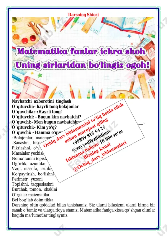 oʻlish formulasidan foydalanib, bo'linuvchini toping, bunda: a) boʻluvchi b -— 10, to'liqmas bo'linma c — 4, qoldiq r = 5; b) boʻluvchi b - 7, to'liqmas bo‘linma c = 2, qoldiq r = 1. 45 : 10=4(5q) 15 : 7=2(1q) 4. toping: a) x sonini, agar bu sonni 12 ga bo'lsak, to'liqmas bo'linma 7 ga, qoldiq esa 9 ga teng bo'ladi; 12 • 7=84 + 9=93 b) y sonini, agar bu sonni 30 ga bo'lsak, to'liqmas boʻlinma 17 ga, qoldiq esa 25 ga teng bo'ladi. 30 • 17=510 + 25=535 5. tikuvchida uzunligi 30 tirsak boʻlgan mato bor. u har biriga 4 tirsakdan mato sarflab, bir nechta koʻylak tikdi. tikuvchida qancha mato qoldi? u qancha ko'ylak tikdi? 30 : 4= 7(2q) 7 ta koylak tikdi 2 tirsak mato qoldi 6. sonlar rim raqamlarida yozilgan gaplarni oʻqing. a) xvi asrgacha bo'lg'usi shifokorlarga bilim berishda buyuk mutafakkir abu ali ibn sinoning “tib …