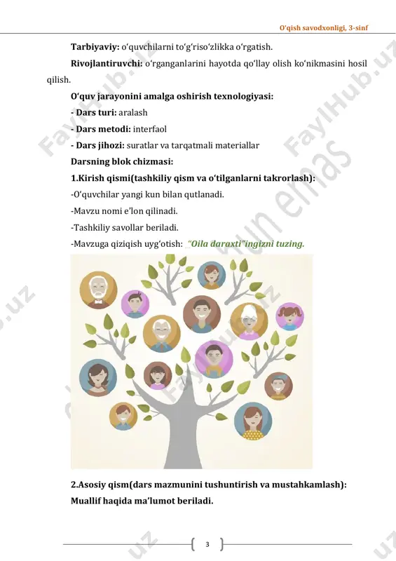 ay holatga duch kelsangiz, nima qilgan boʻlar edingiz? fikringizni yozing. 2-mavzu: izza dars maqsadi: taʼlimiy: oʻquvchilarni matn bilan ishlashni oʻrgatish, soʻz boyligini oshirish. tarbiyaviy: oʻquvchilarni suvni asrashga oʻrgatish. rivojlantiruvchi: oʻrganganlarini hayotda qoʻllay olish koʻnikmasini hosil qilish. oʻquv jarayonini amalga oshirish texnologiyasi: - dars turi: yangi bilim beruvchi - dars metodi: interfaol - dars jihozi: suratlar va tarqatmali materiallar darsning blok chizmasi: 1.kirish qismi(tashkiliy qism va oʻtilganlarni takrorlash): -oʻquvchilar yangi kun bilan qutlanadi. -mavzu nomi eʼlon qilinadi. -tashkiliy savollar beriladi. -mavzuga qiziqish uygʻotish: ajratib koʻrsatilgan harflarni oʻqing. 2.asosiy qism(dars mazmunini tushuntirish va mustahkamlash): matn bilan ishlash. “izza” hikoyasi ifodali tarzda oʻqiladi. savollarga javob beriladi: 1. hikoyada qanday muammo ochiq koʻrsatilgan? 2. hikoya qahramonlari orqali muallif qanday insoniy fazilatlarni ulugʻlagan? oʻqish savodxonligi, 3-sinf 7 3. sizningcha, hikoya nima uchun “izza” deb nomlangan? 4. agar shahlo sizning oldingizda boʻlib qolganida nima degan boʻlar edingiz? 5. shahloning qaysi gaplarini siz ham toʻgʻri, deb tasdiqlay …