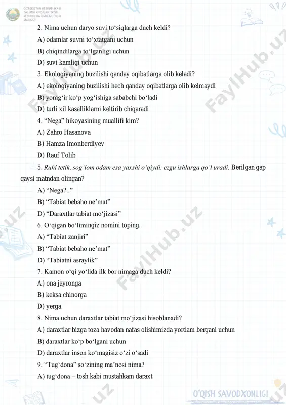 n beruniy» matni (pirmat shermuhammedov) darsning maqsadi: taʼlimiy maqsad: oʻquvchilarni “abu rayhon beruniy” hikoyasi bilan tanishtirish, ifodali oʻqish, topshiriqlar ustida mustaqil ishlash koʻnikmalarini shakllantirish, ularda hikoyani tinglab tushuna olish malakasini oshirish; tarbiyaviy maqsad: oʻquvchilarda ahillik, birodarlik, hamjihatlik fazilatlarini oʻstirish, hikoyada aks etgan goʻzallik va ezgulikdan oʻrnak olishga intilish hissini rivojlantirish; rivojlantiruvchi maqsad: oʻquvchilarning mustaqil va mantiqiy fikrlash qobiliyatlarini kengaytirish. oʻquv jarayonini amalga oshirish texnologiyasi: dars turi: yangi bilim beruvchi dars metodi: savol-javob, interaktiv oʻyinlar dars jihozi: tarqatma materiallar, multemedia ilovalari darsning blok chizmasi: 1.kirish qismi(tashkiliy qism va oʻtilganlarni takrorlash): -oʻquvchilar yangi kun bilan qutlanadi. -mavzu nomi eʼlon qilinadi. -tashkiliy savollar beriladi. -oʻtilganlarni takrorlash: “oʻzingni yelpi” taʼlimiy oʻyini oʻynaladi. buning uchun bir oʻquvchi taklif etilib, unga yelpigʻich beriladi. oʻquvchilar unga savol beradi. doskadagi oʻquvchi savolga tez javob berishi lozim. javob bera olmasa, yelpigʻich bilan oʻzini yelpiydi. agar yelpigʻichda oʻzini yelpish esidan chiqsa, magʻlub boʻlib, oʻyindan chiqadi. javob berolmasa ham oʻzini yelpisa, …