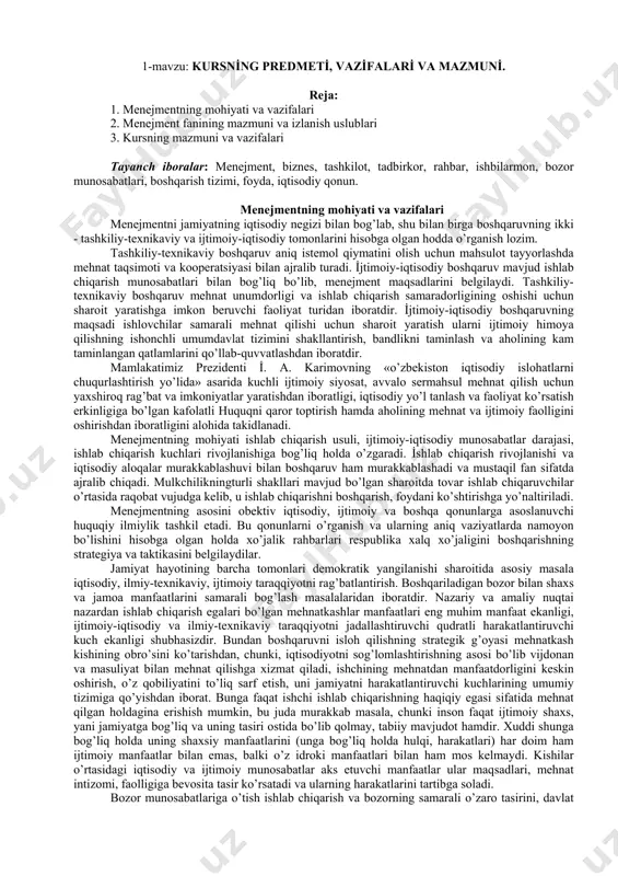 bandlikni taminlash va aholining kam taminlangan qatlamlarini qo’llab-quvvatlashdan iboratdir. mamlakatimiz prezidenti i̇. a. karimovning «o’zbekiston iqtisodiy islohatlarni chuqurlashtirish yo’lida» asarida kuchli ijtimoiy siyosat, avvalo sermahsul mehnat qilish uchun yaxshiroq rag’bat va imkoniyatlar yaratishdan iboratligi, iqtisodiy yo’l tanlash va faoliyat ko’rsatish erkinligiga bo’lgan kafolatli huquqni qaror toptirish hamda aholining mehnat va ijtimoiy faolligini oshirishdan iboratligini alohida takidlanadi. menejmentning mohiyati ishlab chiqarish usuli, ijtimoiy-iqtisodiy munosabatlar darajasi, ishlab chiqarish kuchlari rivojlanishiga bog’liq holda o’zgaradi. i̇shlab chiqarish rivojlanishi va iqtisodiy aloqalar murakkablashuvi bilan boshqaruv ham murakkablashadi va mustaqil fan sifatda ajralib chiqadi. mulkchilikningturli shakllari mavjud bo’lgan sharoitda tovar ishlab chiqaruvchilar o’rtasida raqobat vujudga kelib, u ishlab chiqarishni boshqarish, foydani ko’shtirishga yo’naltiriladi. menejmentning asosini obektiv iqtisodiy, ijtimoiy va boshqa qonunlarga asoslanuvchi huquqiy ilmiylik tashkil etadi. bu qonunlarni o’rganish va ularning aniq vaziyatlarda namoyon bo’lishini hisobga olgan holda xo’jalik rahbarlari respublika xalq xo’jaligini boshqarishning strategiya va taktikasini belgilaydilar. jamiyat hayotining barcha tomonlari demokratik yangilanishi sharoitida asosiy …