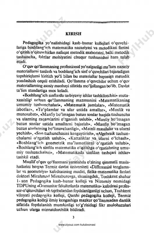 rakati, havo harorati va turli iqtisodiy masalalar maxsus tenglamalar orqali o'rganiladi. ayniqsa, narsalarning rangi, og‘irligi va zichligi qanday bo‘lishi- dan qat'i nazar, ularning geometrik xossalarini matematikaning bo'iimi bo'lgan geometriya fani tekshiradi va o‘rgatadi. tushuncha — bu predmetlar va hodisalarni ba'zi bir muhim alomatlariga ko‘ra farqlash yoki umumiylashtirish natijasidir. masalan, «son», «miqdor», «kesma», «to‘g‘ri chiziq» vahokazo. alomat (belgi) esa predmet yoki hodisalarning bir-biriga o'xshashligi, tengligi yoki farqlanishini bildiruvchi xossalardir. masalan, uchburchakning teng yonli bo‘lishlik belgisini quyida- gicha ifodalash mumkin: «agar uchburchak asosining uchla- ridan o'tkazilgan medianalar o'zaro teng bo‘lsa, bu uchbur- chak teng yonli bo‘iadi». predmetlar deganda obyektlar nazarda tutiladi. odatda, obyektlar ma’lum muhim va muhim bo'lmagan xossalarga ega. muhim xossa deb, faqat shu obyektga tegishli va bu xossasiz obyekt mavjud bo‘la olmaydigan xossalarga aytiladi. masalan, ixtiyoriy uchburchak uchun «uchburchakning o‘rta chizig‘i asosiga parallel va uning yarmiga teng» xossasi muhim xossa hisoblanadi. obyektning mavjudligiga ta’sir qilmaydigan xossalar muhim bo'lmagan xossalar hisoblanadi. …