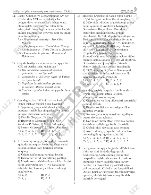 asrning boshlarida fevral inqilobidan so‘ng dastlab turkiston o‘lka musulmonlar kengashida kotib vazifasida faoliyat ko‘rsatdi. turkiston muxtoriyatni qo‘llab uning rahbarligida «ulug‘ turkiston» gazetasida yozishicha, 1917-yil dekabrda toshkentda 60 000 kishi ishtirok etgan miting o‘tkazilgan. a) abdurauf fitrat b) ahmad zakiy validiy c) munavvarqori abdurashidxonov d) yo‘ldosh oxunboboyev 9. tarixiy davlatni aniqlang. xviii asr oxiriga kelib yevropaning kuchli davlatlari ushbu davlatning mustamlaka hududlariga ko‘z olaytira boshladilar. ushbu harakatlar tarixga «sharq masalasi» nomi bilan kirdi. shunday qilib bir paytlar bu davlatda «muqaddas liga» tuzgan yevropa davlatlari bu davlatni yarim mustamlakga aylantirdi. a) eron b) turkiya c) misr d) rossiya 10. quyida berilgan ma’lumotlar qaysi tarixiy davlat haqida ekanligini aniqlang. ushbu davlat x asr o‘rtalarida sharqiy turkiston, yettisuv va tyanshanning janubiy yonbag‘rida tashkil topgan. davlat qabilalar ittifoqidan tashkil topganligi sababli hukmdorlari «arslonxon», «bug‘roxon» va «tavg‘achxon» unvonlari bilan yuritilgan. xii asrning birinchi yarmida qoraxitoylar hujumi natijasida tarix sahnasidan ketdi. a) somoniylar davlati b) g‘aznaviylar davlati …