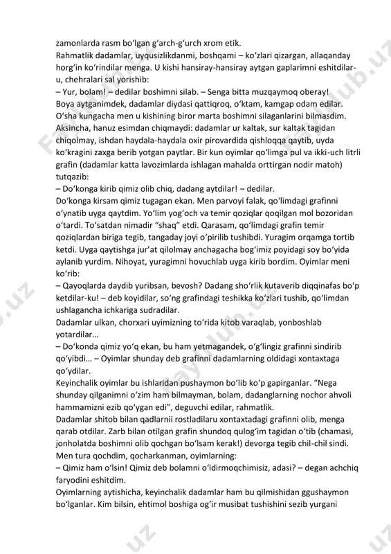 ganlarida nafaqat oʻn ming kishilik qarnoq ahli, balki oʻttiz chaqirim naridagi turkiston namozxonlari ham eshitgan emishlar. shu boisdan qarnoq ahli buvamlarining ismlariga shayx soʻzini qoʻshib, yoqub shayx deb ataganlar… lekin oʻn oltinchi yilgi qattiq qurgʻoqchilikda bobomiz yoqub shayx ogʻir ahvolga tushganlar. shu bois otamiz oilasini boqa olmay, bir-ikki qoʻy, bir-ikki qop gʻalla evaziga bir boyning oʻgʻli oʻrniga mardikorlikka ketganlar-u, uyoqdan bolshevoy boʻlib qaytganlar. shu-shu, ota-bola biri – shayx, biri – bolshevoy, qip-qizil sinfiy dushmanga aylanganlar. dadamlarning mahkamasi ulkan savdogar qurgan va endilikda partiya qoʻmitasi joylashgan koʻrkam binoning shundoq biqiniga joylashgan edi. men borganimda dadamlar ham idoradan chiqqan ekanlar. meni uzoqdan koʻrib darvoza oldida toʻxtadilar. dadamlar toʻladan kelgan, novcha, qirraburun, oʻsha davrda rasm boʻlgan toʻmtoq moʻylovli, xushqad, salobatli kishi edilar. egnidagi libosi hozir xotiramda yoʻq, agar yanglishmasam oʻsha mahalda stalinga taqlidan kiyiladigan koʻkrak choʻntakli yashil kostyum va galife shim kiygan, oyoqlarida ham oʻsha zamonlarda rasm boʻlgan gʻarch-gʻurch xrom etik. rahmatlik dadamlar, …