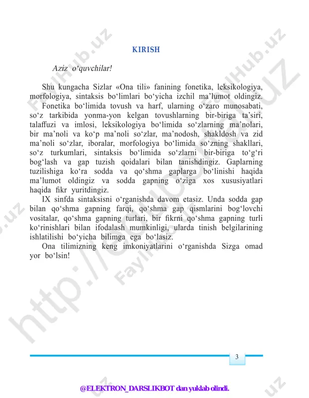 n, shu bilan birga, nimasi bilandir farqli ekanligi, ayrimlarining esa tamomila boshqa, ona tilingizga o‘xshamasligining guvohi bo‘lasiz. bir-biriga yaqin, umumiy jihatlari ko‘p bo‘lgan tillar qarindosh; bir-biridan uzoq, umumiy jihatlari bo‘lmagan tillar qarindosh bo‘lmagan tillar hisoblanadi. hozirgi kunda yer yuzida mavjud bo‘lgan 7000 ga yaqin til hind-yevropa, turkiy, xom-som, xitoy-tibet singari bir necha til oilalariga bo‘linadi. masalan, o‘zbek, turk, turkman, qirg‘iz, qozoq, tatar, uyg‘ur, boshqird, ozarbayjon, qaraim, qoraqalpoq, bolqor singari tillar bir oilaga mansub bo‘lib, ular turkiy tillar oilasi nomi bilan yuritiladi. qarindosh kishilar bir ajdoddan tarqalgani kabi qarindosh tillar ham bir ajdod tilidan kelib chiqqandir. ko‘rinib turibdiki, o‘zbek tili dunyo tillari tizimida turkiy tillar oilasiga mansub bo‘lib, o‘zbekiston respublikasining davlat tili sifatida erkin rivojlanib, o‘sib bormoqda. 1-mashq. gaplarni o‘qing, tilning inson hayotida tutgan o‘rni haqida suhbatlashing.htt p:/ /ed up ort al. uz @elektron_darslikbot dan yuklab olindi. 6 1. til millat ma’naviyati va madaniyatining toshoynasidir. modomiki, millatning o‘z tili bor ekan, …