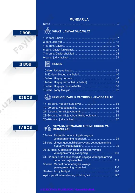 il qilasiz. bun- dan tashqari, darslikda axloq va huquqning umumiy va farqli jihatlari, huquqiy ong va huquqiy madaniyat, huquq shakllari (manbalari), huquq normasi, huquqiy munosabat- larga alohida e’tibor qaratilgan. bugungi kun uchun global ahamiyat kasb etadigan dolzarb mavzular, jumladan, voyaga yetmaganlarning ma’muriy huquqbuzarligi va javobgarligi, intizomiy huquqbu- zarligi va javobgarligi, fuqaroviy huquqbuzarligi va javobgarligi, jinoyati va jinoiy javob- garligi, shu bilan birga, xalqaro huquq normalarida voyaga yetmaganlarning huquqlari masalalarining eng muhim normalari, sizning yoshingizni hisobga olib, matn, rasm va boshqa zamonaviy pedagogik texnologiyalar ko‘magida bayon etilgan. kerakli o‘rin- larda mualliflar jamoasi tomonidan milliy qomusimiz va boshqa shu sohaga aloqador normativ-huquqiy hujjatlarga murojaat qilingan. biz — mualliflar jamoasi o‘ylaymizki, siz mazkur darslikni diqqat va maroq bilan o‘qib, tegishli bilim va ko‘nikmalarga ega bo‘lasiz. mualliflar jamoasi @elektron_darslikbot dan yuklab olindi. kirish ta’lim faqat so‘z va o‘rgatish bilan bo‘ladi. tarbiya esa amaliy ish, tajriba bilan bo‘ladi. umar hayyom davlat va huquq jamiyat hayotining …