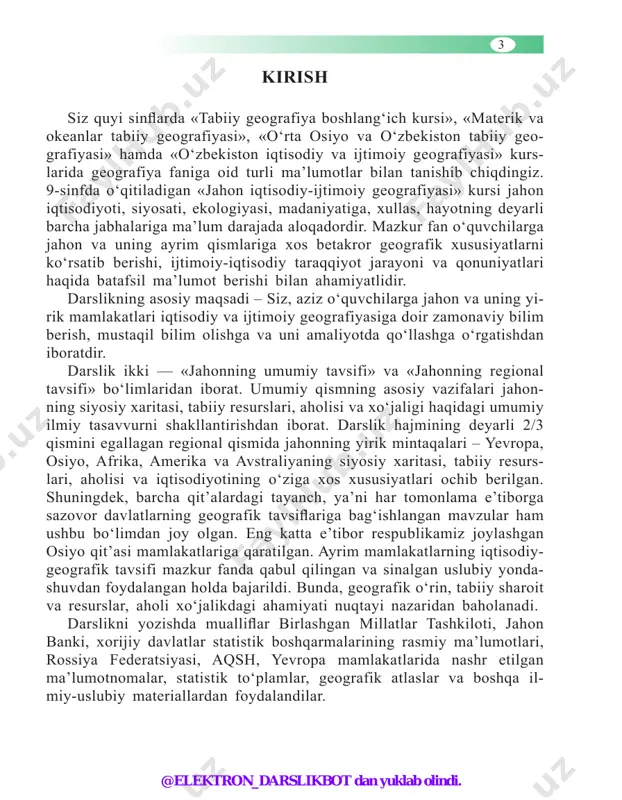 tida a’zo davlatlar sifatida, 1 tasi (vatikan) esa kuza- tuvchi-davlat bo‘lib ishtirok etmoqda. davlatlar bir-biridan turli xususiyatlari bilan ajralib turadi. bun- day muhim jihatlaridan biri hududning kattaligi hisoblanadi. jahondagi 29 ta mustaqil davlatning maydoni 1 mln km2 dan katta bo‘lib, jumladan 12 tasining hududi 2 mln km2 dan, 6 tasining maydoni 5 mln km2 dan kattadir. shu bilan birga dunyodagi davlatlar orasida bir guruh hududiy ji- hatidan mayda, yoki “mitti” davlatlar ham o‘ziga e’tibor tortadi (1-jadvalga qarang). jahonning siyosiy xaritasida maydoni 1 ming km2 ga yetmaydi- gan 24 ta mustaqil davlat bor. bunday davlatlar turli qit’alarda, xususan yevropada (vatikan, monako, san-marino, lixtenshteyn va boshqalar), osiyoda (maldiv respublikasi, singapur, bahrayn), amerikada (sent-kits va nevis, grenada, barbados va boshqalar), okeaniyada (nauru, tuvalu, marshall orollari va boshqalar) joylashgan. davlatlar geografik o‘rni nuqtayi nazaridan, birinchi navbatda, dengiz- ga chiqish imkoniyatiga ega hamda bunday imkoniyati yo‘q davlatlarga bo‘linadi. dengizga chiqish imkoniyati bor davlatlar orasida esa …