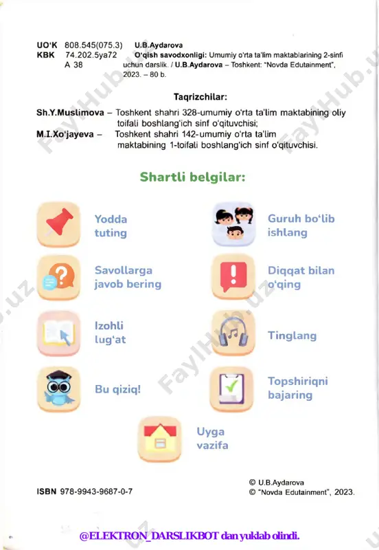 sh, taraqqiyot mukammal - kamchiligi yo‘q, har jihatdan to‘liq dong - shon-shuhrat, mashhurlik taassurot- kishi yoki narsa to'g'risidagi fikr □ 1 matndan yurt, o ‘lka, diyor so‘zlari ishtirok etgan gaplarni topib o'qing. 2 ravnaq, mukammal, dong, taassurot so'zlari ishtirokida og'zaki gaplar tuzing. 3 vatan haqidagi maqollarni o'qing va mazmunini tushuntirib bering. tugllgan yerdan ko'ngil uzilmas, yurt qo‘riganning yurti buzilmas. tug‘ilgan yering - vataning, vataning - nomusing. 4 fikmi yakunlang. “men o‘z vatanim bilan faxrlanaman, chunki ...” “vatan” matnini o'qing va qayta hikoya qilib bering. @elektron_darslikbot dan yuklab olindi. 2-dars ona bitta, vatan yagona ona vatan dunyoda onam aziz, onamday vatan aziz. bu olamda jon aziz, jondan ham vatan aziz. miltiqboy xonnazarov onajonim bag'rida, 0 ‘ynab-kulib yayrayman. ona vatan qo'ynida, bulbul bo‘lib sayrayman. onam hamda vatanni ko‘zimdayin asrayman. ikkisin hurmatini, yuragimda saqlayman. kelajakda, albat - men, ulug1 olim bo'laman. vatanimning dong‘in men, dunyoga tarataman. @elektron_darslikbot dan yuklab olindi. quyidagi rebusda qanday …
