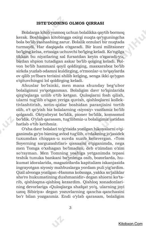 gan ekan. àdabiyotimizda bolalar hayotidan yozilgan hikoya larni inkor qilmaymiz. àmmo ular partiya chaqiriqlariga javoban yozilgan «qizil» hikoyalar edi. «sabr qilsang, g‘o‘radan halvo pishur», deganlaridek, elliginchi yillarning oxiriga kelib bolalarimiz baxtiga õudoyberdi to‘xtaboyev degan iste’dodli bir yozuvchi adabiyotimiz eshigini ochib kirdi. bolalar adabiyotiga, albatta, shunday bir yozuvchi keladi, deb intiqlik bilan kutgan edik. uning birinchi hikoyalaridanoq bolalar ola mini yaxshi bilgan, ular psixologiyasini, o‘y-xayollarini, favqulodda ifodalarga boy biyron tilini, qiliqlarini, xullas, simobdek beqaror hayotini sinchkovlik bilan o‘rgangan, o‘zi ham boladek har narsaga qiziqadigan mehnatkash yozuvchi safimizga kelganidan quvondik. õudoyberdi dimiqib qolgan bolalar adabiyotiga musaffo havo olib kirgandek bo‘ldi. uning «sariq devni minib» degan tur- kum qissalariga debocha bo‘lgan «sehrli qalpoqcha» qissasi katta shov-shuvga sabab bo‘ldi. u tez kunda bolalarimizning qo‘ldan qo‘ymay, sevib o‘qiydigan kitobi bo‘lib qoldi. «sariq devni minib» degan qissalar turkumi oz fursatda dunyoning 22 mamlakatida 22 tilda juda ko‘p nusxalarda nashr qilindi. êeyingi ma’lumotlarga qaraganda, hamon qayta-qayta bosilyapti. …