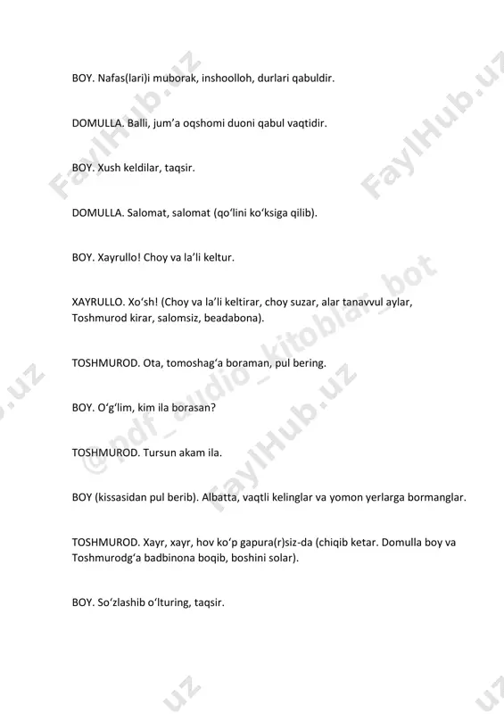 qchi emasman, azbaski davlatim anga yetar. domulla. zarurati diniyaga ne dersiz? boy. men o‘zim besh vaqt namozni keraklik duolari ila bilurman. o‘zim o‘rgaturman. domulla. xat va savodga ne dersiz? holbuki, savodi yo‘q odam hech nimaga yaramaydur. boy. bu fikringiz g‘alat, chunki mani savodim yo‘q, bovujud, bu shahrimizning katta boylaridandurman va har ishni bilurman. domulla. siz ilgari zamonda bir navi ila boy bo‘lubsiz, ammo endi boy bo‘lmoq nari tursun, faqat ro‘zg‘or o‘tkarmoq uchun (ham) ilm kerak. ko‘ramizki, yigirma- o‘ttiz yildan beri barcha savdo ishlari armani, yahudiy va boshqa ajnabiylar qo‘lig‘a o‘tdi, muni sababi bizlarning o‘qumag‘onimizdur. o‘qumagan boyvachchalarni ko‘ramizki, ota molini barbod etar va oxiri xor va zor bo‘lur, binobarin, o‘g‘lungizni o‘qutmoqni sizga taklif qilurman. boy. ay, domullo! siz manga tahqiqchimi? o‘g‘ul maniki, davlat maniki, sizga nima? o‘quganni biri siz, yemoqg‘a noningiz yo‘q, bu holingiz ila manga nasihat qilursiz. xayrullo! mehmonxonani qulfla, uyqum keldi (xayrullo la’li va asboblarni jamlab, muntazir turar). @pdf_audio_kito …