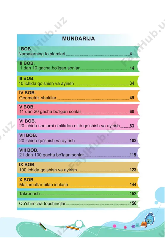 jomlari va o‘quv qurollarini ajratamiz. nima ortiqcha? rasmdagi asboblarning materiali bir xil. ular qanday vazifalarni bajaradi? 2 1 14 1 dan 10 gacha bo‘lgan sonlar 2-bob 1-dars 1 2 3 4 5 6 7 8 9 10 bir ikki uch to‘rt besh olti yetti sakkiz to‘qqiz o‘n narsalarni sanaymiz. 15 1 dan 10 gacha bo‘lgan sonlarning o‘qilishi va yozilishi. 1 soni 2-bob 2-dars qaysi narsalar bittadan? qaysi biri bitta? 1 bir 2 3 1 16 1 dan 10 gacha bo‘lgan sonlarning o‘qilishi va yozilishi. 2 soni 2-bob 3-dars yulduzchalar nechta? bo‘sh kataklar-chi? bittadanmi? ikkitadanmi? ikki 1 1 2 2 3 1 17 1 dan 10 gacha bo‘lgan sonlarning o‘qilishi va yozilishi. 3 soni 2-bob 4-dars nechta baliq sariq rangli emas? 1 1 1 3 uch 2 1 3 doirachalar nechta? bo‘sh kataklar-chi? 1 2 18 1 dan 10 gacha bo‘lgan sonlarning o‘qilishi va yozilishi. 4 soni 2-bob 5-dars to‘rt 1 …
