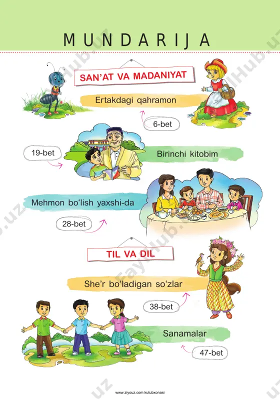 iga borish uchun bir echki bilan serkaboboni vakil qilib tayinlashibdi. serkabobo bilan echki arslonning uyiga yo‘l olishibdi. serkabobo yig‘lamsirab bo‘lgan gapni aytibdi. arslon ko‘zlari yonib o‘rnidan turibdi. arslon jahl bilan o‘rnidan turibdi. serkabobo bo‘lgan gapni yig‘laganday bo‘lib aytibdi. serkabobo bilan echki arslonning uyi tomon ketishibdi. arslonning yoniga echkilar ning arzini yetkazish uchun bir echki bilan serkabobo boradigan bo‘libdi. echkilar bo‘rining niyatini bilib qolibdilar. bo‘ri toshlar orasidan qarabdi. o‘sha bo‘rining adabini beraman. o‘sha bo‘rini jazolayman. arslon ikkita echkini haydab ketibdi. nega quruq kelding? arslon g‘azablanibdi. arslon ikkita echkini olib ketibdi. nega echkisiz kelding? arslonning jahli chiqibdi. 13 www.ziyouz.com kutubxonasi shundoq o‘rmon chetida, o‘tloq bo‘yida chiroyli bir savatcha yotar qarovsiz. bandi pishiq va nafis, tuxumi ham bor, bunaqasin, ehtimol, ko‘rmagansiz siz. 4. berilgan so‘zlardan mosini yozib gap larni to‘ldiring. “jonli savatcha” she’riy ertagini o‘qing. jonli savatcha ichidagi oq tuxum bir payt qimirlab, tumshug‘ini chiqardi sho‘x jo‘ja shodon. hayrat bilan olamga boqib turganda …
