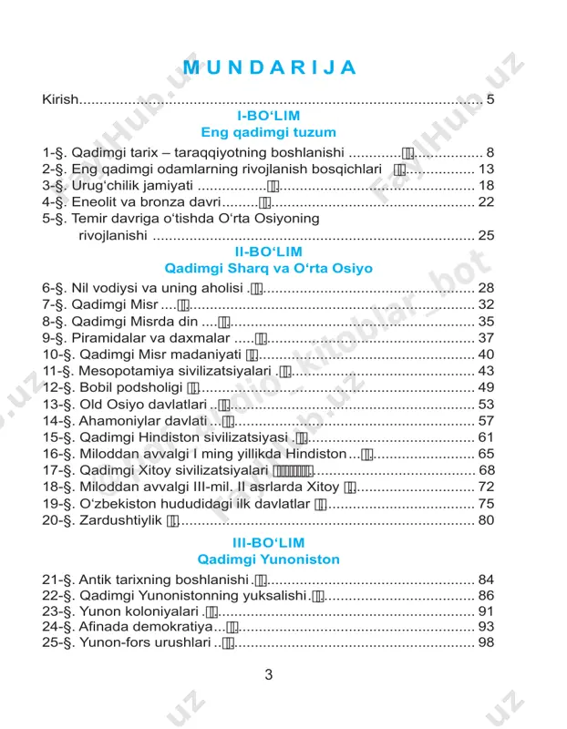 blar_bot 4 26-§. yunonistonning makedoniya tomonidan bosib olinishi................................................................................... 102 27-§. fuqaro tarbiyasi..................................................................... 104 28-§. qadimgi yunoniston madaniyati ............................................ 107 29-§. qadimgi yunoniston olimlari va mutafakkirlari ........................111 30-§. qadimgi yunoniston afsonalari ...............................................115 iv-bo‘lim miloddan avvalgi vi – milodiy iii asrlarda o‘rta osiyo 31-§. o‘rta osiyoda ahamoniylar hukmronligi .................................118 32-§. o‘rta osiyo xalqlarining yunon-makedon istilochilariga qarshi kurashi .................................................. 123 33-§. salavkiylar davlati va yunon-baqtriya podsholigi ............................................................................. 129 34-§. qadimgi xorazm, qang‘ va davan davlati ............................ 133 35-§. kushon davlati ...................................................................... 137 36-§. buyuk ipak yo‘li ..................................................................... 142 v-bo‘lim qadimgi rim 37-§. qadimgi italiya....................................................................... 145 38-§. rim respublikasi .................................................................... 148 39-§. rim respublikasining hayoti................................................... 152 40-§. o‘rtayer dengizida hukmronlik uchun kurash ........................ 155 41-§. qullar va gladiatorlar ............................................................. 160 42-§. rim respublikasining qulashi ................................................. 164 43-§. rim imperiyasining qulashi va zavolga yuz tutishi .................................................................................... 168 44-§. qadimgi rim madaniyati ....................................................... 172 xulosa.......
