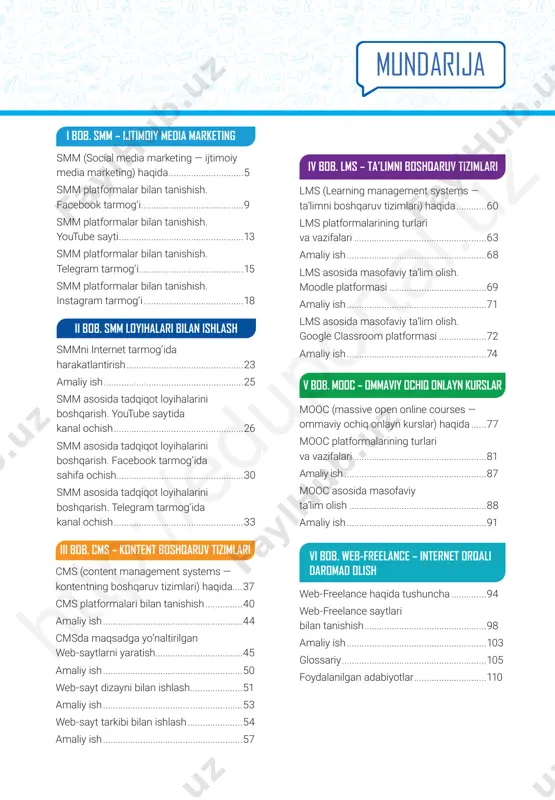 hlash .....................51 amaliy ish ........................................................53 web-sayt tarkibi bilan ishlash ......................54 amaliy ish ........................................................57 iii bob. cms – kontent boshqaruv tizimlari web-freelance haqida tushuncha ..............94 web-freelance saytlari bilan tanishish .................................................98 amaliy ish ........................................................103 glossariy ..........................................................105 foydalanilgan adabiyotlar .............................110 vi bob. web-freelance – internet orqali daromad olish htt p:/ /ed up ort al. uz i bob. smm — ijtimoiy media marketing o‘quv maqsadi bu bobda: smm haqida qisqacha tushunchaga ega bo‘lasiz; smmning afzalliklari va kamchiliklari; smm platformalari; smm platformalari ichidan eng samaralisini qanday tanlash haqida bilib olasiz. ko‘nikma bob yakunida siz: smm platformasida ro‘yxatdan o‘tish; smm platformalarini sozlash; smm platformasida ma’lumot almashish ko‘nikmalariga ega bo‘lasiz. vositalar youtube; facebook; telegram; instagram. htt p:/ /ed up ort al. uz 5 1-dars. smm (social media marketing — ijtimoiy media marketing) haqida 1-dars. smm (social media marketing — ijtimoiy media marketing) haqida internet tarmog‘ining rivojlanishi hamda uning jamiyat hayotida muhim o‘rin egallashi bugungi kunda jahon miqyosida …