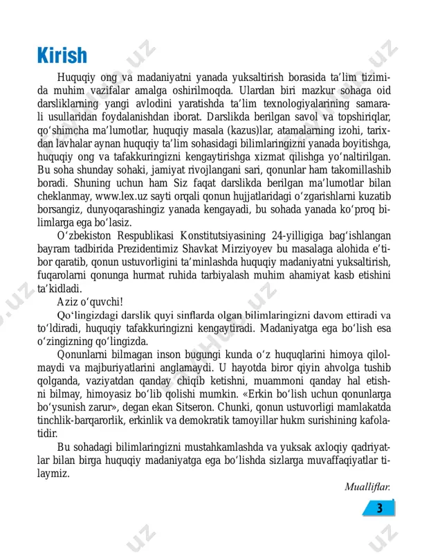 nligi, sha’ni, qadr-qimmati va boshqa daxlsiz huquqlari oliy qadriyat deb e’tirof etiladi. demokratik huquq va erkinliklar konsti- tutsiya va qonunlar bilan himoya qilinadi. o‘z navbatida, davlat organlari va mansabdor shaxslar fuqarolar oldida mas’uldirlar. mazkur konstitutsiyaviy qoidalar mazmuni- dan inson va fuqarolar huquqlari hamda erkinliklarining ustunligi prinsipi kelib chiqadi. o‘zbekiston respublika- si konstitutsiyasi muqaddimasining asosiy mavzusi inson davlat hokimiya- ti idoralarining vakolati, harakat doirasi inson va fuqarolarning huquq va erkin- liklari ko‘lami bilan cheklanadi. ushbu fikrni o‘zbekiston res- publikasi konsti- tutsiyasining 2, 13 va 14-mod- dalarida bayon etilgan qoidalarni o‘zaro bog‘lab tahlil etish orqali isbotlashga hara- kat qiling. 5 huquqlari bo‘lib, xalqimiz va davlatimiz ana shu masalada inson huquqlariga sodiqligini e’lon qiladi. konstitutsiya fuqaro, jamiyat va davlat hokimiyati o‘rtasidagi munosabatlarni belgilovchi o‘ziga xos ijti- moiy shartnomadir. konstitutsiya fuqarolarning umu- miy teng huquqliligi, fuqaro va davlat o‘rtasidagi muno- sabatlarda o‘zaro mas’ulligi g‘oyasiga asoslanadi. konstitutsiyaviy qoidalar shaxs va davlatning o‘zaro munosabatlari qanday shakllanishi …
