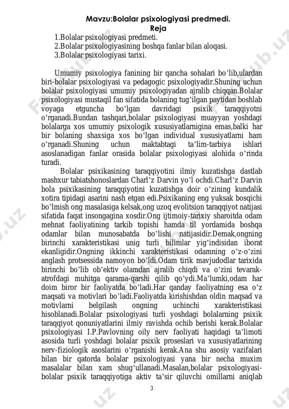 iyasi bu vazifalarni hal qilar ekan,buning bilan u tarbiyachilarning va ota-onalarning ta’lim-tarbiya yuzasidan olib boradigan ishlarini ilmuy asosda tashkil qilishga yordam beradi. bolalar psixologiyasining boshqa fanlar bilan aloqasi. bolalar psixologiyasi bir qancha fanlar bilan uzviy aloqada bo’lib,bu fanlar qo’lga kiritayotgan faktlardan,qonuniyatlar hamda kashfiyotlardan keng foydalanadi.bolalar psixologiyasi ta’lim- tarbiyaning maqsadi,yo’l-yo’riqlari va vazifalariga doir fikrlarni pedagogika fanidan oladi.lekin shuning bilan birga bolalar psixologiyasi pedagogika faniga ham yaqindan yordam beradi.bolalar psixologiyasi bir qator biologic fanlar bilan,birinchi navbatda,bolalar anatomiyasi hamda fiziologiyasi bilan bo’g’liqdir.bu fanlar bolaning yoshi ulg’ayishi bilan yuzaga keladigan anatomic va fiziologik o’zgarishlar haqida ma’lumot beradi hamda psixik taraqqiyot yo’lini ilmiy tushunishga yordam beradi.bolalar psixologiyasi bolalar gigienasi,bolalardagi kasalliklarni o’rganuvchi pediatriya va bolalar psixopatalogiyasi bilan ham bog’liqdir.bu fanlar bolalar psixik tarqaqqiyotining normal borayotganligini chuqurroq bilish va normal taraqqiyotdan burilish sabablarini anglash imkoniyatini beradi.bolalar psixologiyasi bolalar adabiyoti bilan ham ma’lum darajada aloqadordir. bolalar psixologiyasi bolalarning shaxsiy xususiyatlarini o’rganishda tushuntirishda bolalar adabiyotidan, xususan, avtobiografik asarlardan keng …