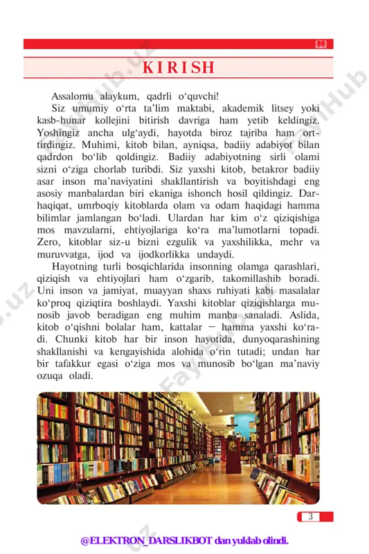 osib fazilatlar shakllanib borayot- ganidan darak beradi. hadisi sharifda aytilganidek, «... agar siz yaxshi narsalarni ko‘rib xursand bo‘lsangiz va, aksincha, yomon narsani ko‘rib ranjisangiz, haqiqiy mo‘min ekansiz». bu yaxshi insonga xos xislat belgisidir. kitobxonlik madaniyatining kamol topishi bu adabiy did- ning, badiiy-estetik zavqning, nutqiy aniqlikning, demak, go‘zallik va xunuklik haqidagi qarashlarimizning teranlashib borishi demakdir. bu yo‘ldagi tahsilda sizga xalq og‘zaki ijodi, qadimiy adabiyotimiz, sharq va g‘arb xalqlari ada biyotining go‘zal namunalari yordam berishi tabiiy. badiiy asarlarni o‘qimay, go‘zal adabiyot bilan oshno tutinmay yashayotgan odam hayotda eng nochor va achinarli holga tushib qoladi. bilib qo‘yingki, kitobxonlik tug‘ma xususiyat emas, demak, komillikni istagan har kim uni o‘zida shakl- lantirishi va rivojlantirishi mumkin. ko‘p kitob o‘qigan odam tez fikrlashi, xotirasining kuch- liligi, muhim bilan nomuhimni ajrata olishi, voqelikka ijodiy @elektron_darslikbot dan yuklab olindi. 5 yondashishi, tashabbuskorligi, hodisalarga tanqidiy nuqtayi nazardan fikr bildira olishi, fikr-mulohazalarini aniq ifoda- lashi, ayniqsa, og‘zaki va yozma nutqining ravonligi …