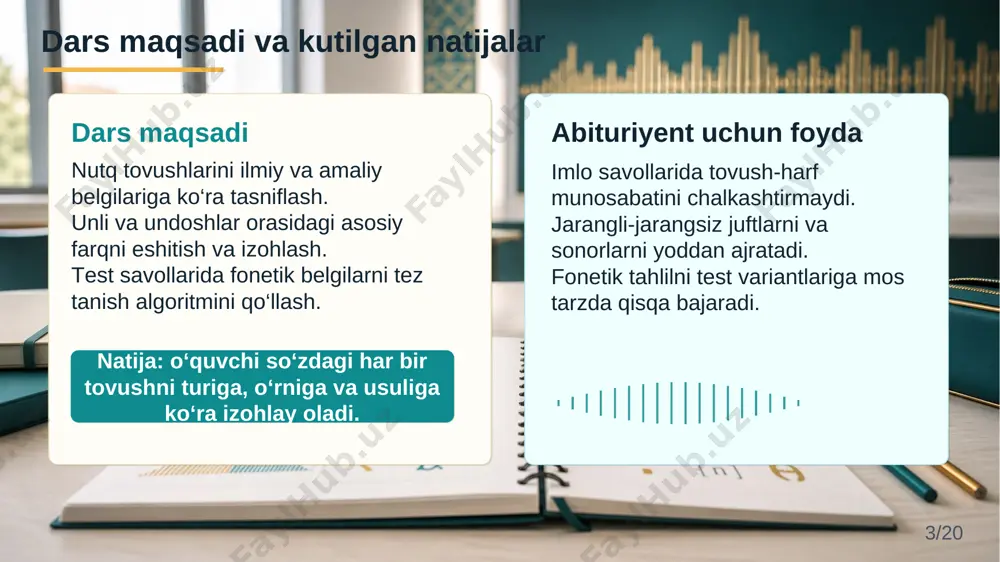 . ma–lak–a → 3 unli, 3 bo‘g‘in testlarda bo‘g‘in sonini topish uchun birinchi navbatda unlilarni sanang. 8/20 unlilarni o‘rgatishda ularning bo‘g‘in markazi ekaniga urg‘u bering. bu abituriyentlarda bo‘g‘in, urg‘u, ochiq-yopiq bo‘g‘in kabi mavzularga tayanch bo‘ladi. * unlilar: lablanishiga ko‘ra lablanmagan unlilar a e i talaffuzda lablar kuchli yumaloqlanmaydi. havo oqimi og‘iz bo‘shlig‘idan erkin o‘tadi. misollar: adab, bilim, etak lablangan unlilar o u o‘ talaffuzda lablar yumaloqlanadi yoki oldinga cho‘ziladi. tovush ohangi lab ishtiroki bilan ajraladi. misollar: ona, ulug‘, o‘qish 9/20 lablangan-lablanmagan farqini talaffuz mashqi bilan ko‘rsating: o, u, o‘ tovushlarida lab holati seziladi; a, e, i tovushlarida lablarning yumaloqlanishi kuchli emas. * unlilar: til holati va talaffuz kengligi tilning old-orqa harakati old qatorga yaqin: e, i — til oldinga intiladi. orqa qatorga yaqin: a, o, u, o‘ — til orqaroq joylashadi. bu belgi talaffuz ohangining “ingichka” yoki “orqaroq” eshitilishiga ta’sir qiladi. unli xaritasi old orqa tor keng i e a …