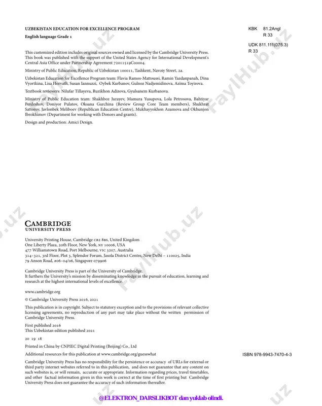 your future goals. have fun! ministry of public education of the republic of uzbekistan www.uzedu.uz @elektron_darslikbot dan yuklab olindi. contents page vocabulary blue, green, orange, pink, purple, red, yellow 6–7 grammar hello, i’m … , what’s your name?, goodbye. how old are you? i’m … numbers − 0 what’s your favorite color? my favorite color’s … 8–9 story value be curious 10 talk time look! it’s a lizard! 11 animal sounds p a pink and purple panda. clil: art what color is it? 12–13 hello! 4 vocabulary apartment, balcony, bathroom, bedroom, dining room, hallway, house, kitchen, living room, yard 48–49 grammar where are you? / i’m in (the kitchen). where’s (the doll)? 50–51 story value take care of things 52 talk time take care of things. 53 animal sounds a an ant with an apple. clil: math what shape is it? 54–55 review units 3–4 56–57 at home4 46 vocabulary …