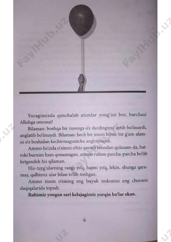 mobaynida davom eti shi ularning o'tib ketishiga qalban ishonmaganligingiz tufayli so dir bo'ladi. azoblaringizni qabul qiling... qayg'ularingizni his qiling... qalbingizdagi ko'ngilsizliklarni ham qabul qiling va ularni yengish uchun yeng shimaring. 8 kaktustar ham gullaydi kelajak hayotingizda yuz berishi mumkin bo'lgan, ammo ayni vaqtda xayol ham qila olmaydigan vaziyatlarni ko'p ham o'ylayvermang... insonlarni balo-qazolardan himoya qilish haqi da ham ko'p siqilavermang... ha, afsuski, qilib bo'lingan xatolar bor, hazm qilish juda ham qiyin bo'lgan narsalarni boshdan kechirgan bo'lishingiz mumkin, ammo unutmang: siz hali ham nafas olyapsiz. qiyin bo'lishi bilaman, ammo sizga ushbu azoblarni bergan insonlarni afv etib, keyingi qadamni tashlang. sizga g'am-alam chektirgan insonlar hattoki vijdoni azoblan may, kulgancha o'z hayotini davom ettirar ekan, hayotingizga ularning yana aralashishlariga izn berasizmi yoki yangi bir yo'l kashf etib, shu yo'lda shaxdam qadamlar bilan oldinga intila sizmi? o'zingiz qaror qiling: bunga kuch-quvvatingiz yetadi. 9 nima ham deya olaman: men yolg'izlik saltanatining qirolichasiman. oxirgi paytlarda shuni …