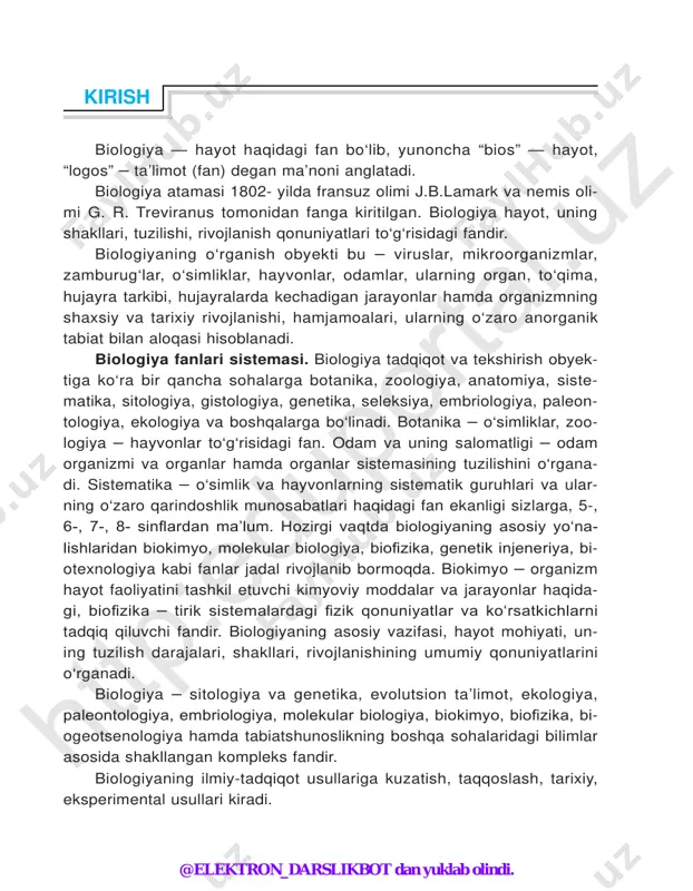lardan bo‘lib, biologiya fanining ilk rivojlanish davrida keng qo‘llanilgan. uning yordamida har qanday bio logik hodisani tasvirlash, ta’riash mumkin. kuzatish usuli bugungi kunda ham o‘zining ahamiyatini yo‘qotgan emas. bu usuldan tirik orga- nizmlarni miqdor va sifat ko‘rsatkichlarini ta’riashda foydalaniladi. taqqoslash usuli tirik organizmlarning turli sistematik guruhlar, or- ganizmlar, biogeotsenozlarning tarkibiy qismlaridagi o‘xshashlik va far- qini aniqlash yo‘li orqali ularning mohiyatini ochishga asoslangan. bu usulda olingan ma’lumotlar bilan hujayra nazariyasi, biogenetik va irsiy o‘zgaruv chanlikning gomologik qatorlari qonuni kashf etilgan. tarixiy usulning biologiyada qo‘llanishi ch.darvinning nomi bilan bog‘liq. bu usul biologiyada chuqur sifatiy o‘zgarishlarning vujudga keli- shiga sabab bo‘lgan omillarni o‘rganadi. tarixiy usul hayotiy hodisalar- ni o‘rganishning asosiga aylangan. mazkur usul yordamida organik dunyoning evolutsion ta’limoti yaratildi. eksperimental yoki tajriba usuli biologiyada o‘rta asrlarda (abu ali ibn sino) boshlangan bo‘lsa, zika va kimyo fanlarining ravnaqi tufayli keng qo‘llanila boshlandi. bu usul bilan organizmlarda gi voqea-hodisalar boshqa usullarga nisbatan chuqur o‘rganiladi. bugungi …