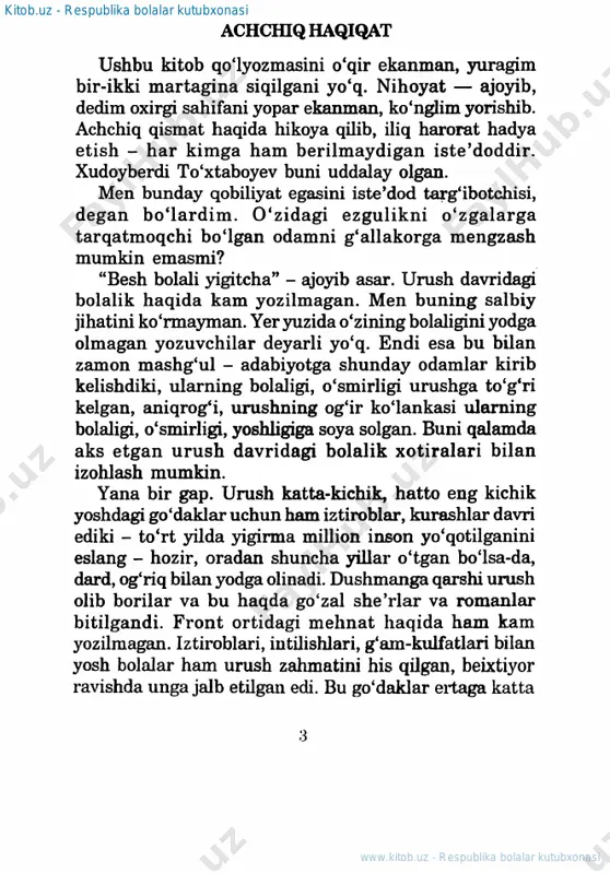 unavvar etuvchi yaxshilik, ezgulikning kuchidir! adib mazkur hagigatni tasdiglar ekail, bolalarning toshkentdan qo'qonga gadrdon gishloglariga kelishdagi nlasnaqgatli yo'lida ezgulik yordam gilgani, yovuzlik esa xalagit berganini yorgin aks ettiradi. 4 www.kitob.uz - respublika bolalar kutubxonasi kitob.uz - respublika bolalar kutubxonasi xudoyberdi to'xtaboyev - ajoyib iste'dod egasi. urush yillaridagi o'smirlar hayotini yorituvchi kitobi ham achchiq gismatdan hikoya giluvchi ajoyib asardir. axir, yaxshilikning fagat shirin ta'mi borligi hagida kim aytdi? hayotda yaxshilik, xotirjamlik, rayon yo'l eras, aksincha, sinovlar insonni inson darajasiga ko`taradi. bu sinovlar achchiq bo'lmasa gani edi! modomiki, davr shuni tagozo etgan ekan, nachora! besh bolali orif achchig sinovlarni boshidan kechirdi. u g`olib bo`1di. aytish mumk.inki, u zafar quchgan orifdir! albert lixanov www.kitob.uz - respublika bolalar kutubxonasi kitob.uz - respublika bolalar kutubxonasi «tanishing, do`stingiz orifjoni» og`ir urush yillari... shu urushning kasofati tufayl i butun-butun gishloglar huvillab golgan. yosh-u gari -- barcha u.rushning tashvishi bilan yashaydi, ular orasida bir oz quv, bir oz …