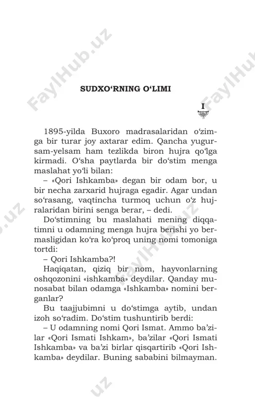 bo‘lsa», degan fikr keldi. durust, bu odamning qorni boshqa odamlar­ ning qorinlaridan ko‘ra juda katta edi, lekin gavdasining boshqa joylari, hatto bo‘yni va yuzlari ham shunday yo‘g‘on va semiz ediki, uning a’zoyi badani shu katta qorin bilan tep- tekis bo‘lib ketgan edi. soch oldirish navbati qori ishkambaga yetdi. sartarosh ustarasini qayrab turib: – qani, bu yerga marhamat qiling, – deb unga oynaning oldidagi kursini ko‘rsatdi. qori ishkamba gavdasining og‘irligidanmi yo biron kasalligi sababidanmi, zo‘rg‘a o‘rnidan 6 sadriddin ayniy turdi. lekin yuzining yaltirab, qizarib turgani­ dan uning semizlikdan boshqa kasali yo‘qligi bilinar edi. u o‘rnidan turib, uzoq esnagandan ke­ yin ikki qo‘llab sallasini boshidan oldi va sartaroshxonaning devoridagi lungilar osilgan qoziqqa ilib qo‘ymoqchi bo‘ldi. lekin sartarosh bunga yo‘l qo‘ymadi va chaq­ qonlik bilan qo‘lidagi ustara va qayroqni oyna oldidagi javon ustiga qo‘ydi-da, sallani ikki qo‘llab qori ishkambaning qo‘lidan olaturib: – sallangiz shunday katta va og‘irki, agar u yerga ilsangiz, qoziq sinib, …