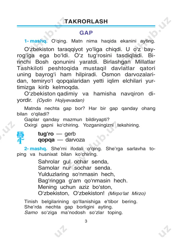 ng. javobini toping. to‘ni silliq, tuki yo‘q. hammasi to‘q, po‘ki yo‘q. ichi qizil, ko‘ki yo‘q. uni cho‘qolmas chumchuq. — bu nima, qizim qunduz? —bumi, dadajon, ! (g‘afur g‘ulom) ko‘chiring. she’riy topishmoqda nechta gap borligini ayting. 9- mashq. gaplarni tinch ohang bilan o‘qing, chega- rasini aniqlang. ibn sino haqidagi gaplarni ko‘chiring. qadim zamonda bir g‘or bo‘lgan ekan g‘orda dunyoning turli bilimlari yashiringan ekan g‘orning og‘zi bir yilda bir marta ochilib, yana bekilarkan ilmga tashna odamlar g‘or ochilishi bilan kirib ul- gurganlaricha bilim olib chiqishar ekan buni eshit- gan ibn sino g‘orga kelibdi g‘or ochilishi bilan ich- kariga kiribdi u bilan kirganlar g‘or yopilmay chiqib ketishibdi ibn sino g‘orda bir yil qolibdi va jamiki ilmlarni egallab olibdi. (abdusaid ko‘chimovdan) matndagi og‘zi so‘zi qaysi ma’noda qo‘llangan? so‘zlar qanday ma’nolarda qo‘llanar ekan? 7 10- mashq. berilgan so‘zlardan uchta gap tuzib yo- zing. gaplarni ajratib ko‘rsatilgan so‘z bilan boshlang. har bir gapning ma’nosini tushuntiring. ularning …