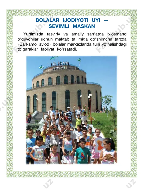 alqin joylar, bog‘lar va suv havzalariga yaqin tog‘li maskanlarga bo rishni yaxshi ko‘radilar. rassom sh. g‘ofurovning «tog‘li ko‘l» asarida shunday manzaralardan biri tasvirlangan. siz undan ishlaydigan rasmingizda foydalanishingiz mumkin. 12 1. sinfda ishlangan «yoz o‘tdi soz» mavzusidagi rasmni bo‘yang. 2*. «bizning bog‘» mavzusida rasm ishlang. yozgi taassurotlaringiz va kuzatgan rasmlaringiz asosida «yoz o‘tdi soz» mavzusida tabiat man- zarasi tasvirlangan rasm ishlang. tog‘li manzara rasmini ishlash bosqichlari. tasvirni qog‘ozga joylashtirish. qalamda xomaki ishlash. tasvirni qalamda yakunlash. tasvirni bo‘yash. 1 2 3 4 13 3 atlas matosi uchun naqsh ishlash 1. yuqoridagi rasmlarda tasvirlangan atlas ma tolardagi shakllarga va ranglar jilosiga e’tibor bering. 2. matolarda ishlatilgan ranglar nomini ayting. 3. atlasda qo‘llanilgan ranglarning kontrastliligi, shakllarning tuzilishini tahlil qiling. o‘zbekistonimiz o‘zining atlas matolari bilan mashhur. ulardan turli-tuman kiyim-kechaklar tikiladi. o‘zbekis ton atlaslari rang-barangligi bilan ajralib turadi. ularda ranglar jilosi aks etgan. 14 ranglar halqasi. ranglar hosil qilish usuli. turli rangdagi bo‘yoqlarni o‘zaro aralashtirib …