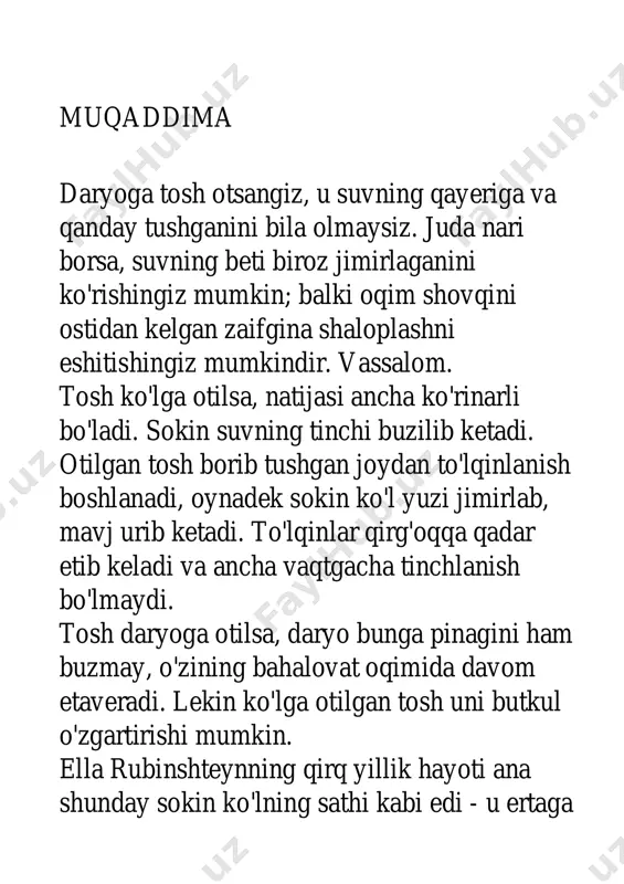 evidga aytmasa hamki, ushbu yozuvni o'qiganida o'zi uchun yoziladigan nekrolog (ta'ziyanoma)ni ko'rganday bo'lgan edi. «men o'lganimda mana shunday yozishar ekanda», deb o'ylagan edi u. agar haqqoniy bo'lsalar, yana bir necha jumlani qo'shishlari mumkin edi: «ella o’z hayotini eri va farzandlariga parvona bo'lib yashash bilangina o'tkazdi va o'z holicha yashash nimaligini unutdi. u oqimga qarshi suzadiganlardan bo'lmagan edi. hatto damlaydigan qahvasining navini almashtirish ham uning uchun deyarli qahramonlikday bo'lar edi». va hech kim, hatto ellaning o'zi ham, nima uchun 2008 yilning oxirlariga kelib yigirma yillik nikohdan keyin, ajrashish uchun ariza berganini tushuna olmadi. sababi sevgi edi. ular (sevishlaridan oldin) boshqa-boshqa shaharlarda yashayotgan edilar. hattoki boshqa qit'alarda edilar. ularni nafaqat oralaridagi masofa ajratardi, ularning o'zlari ham xuddi tun bilan kun kabi juda har xil edilar. ularning hayotiy prinsiplari shu darajada turlicha ediki, bir-birlarini yaxshi ko'rish u yoqda tursin, hatto bir-birlarining yonlarida turishga ham toqat qila olmas darajada edilar. lekin bo'lar ish bo'ldi. …