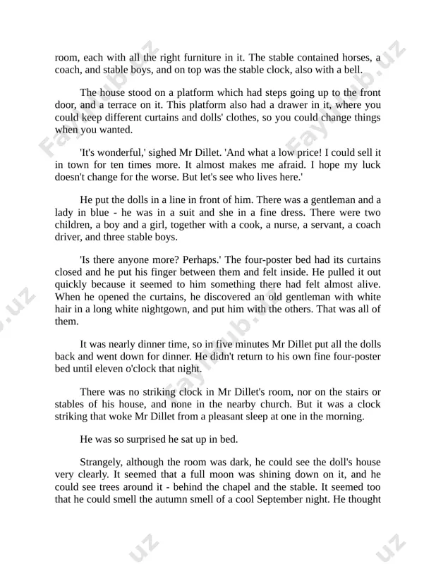 erything that was happening inside those rooms. the first room was the dining room. dinner was finished, but glasses and wine were still on the table. the gentleman and lady in blue sat alone there. they were talking seriously, and from time to time it seemed they stopped to listen. once the gentleman got up, opened the window, put his head out and put his hand to his ear. then he went from the window and from the room and the woman was left standing alone there, holding a candle. looking at her face, it seemed that she was fighting against a strong fear inside her, and that she was winning. she had an unpleasant face, too: wide, flat and too clever for its own good. now the gentleman came back into the room and she took something from his hand and hurried out. he too disappeared, but only for …