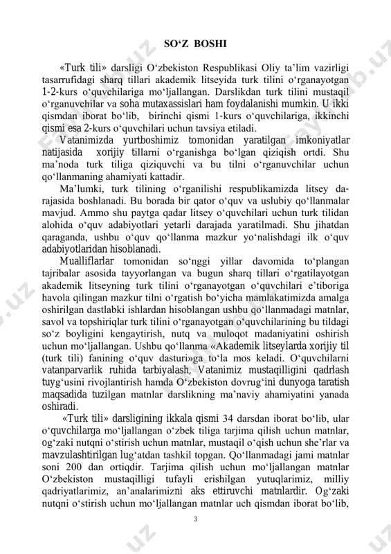 iy-ommabop maqolalar, xalq og‘zaki ijodiga mansub hikoyat, rivoyat, ertak hamda latifalar, o‘zbek shoirlarining turk tiliga tarjima qilingan she’rlari joy olgan. darslikda keltirilgan mavzulashtirilgan lug‘at o‘quvchilarga nafaqat tarjima jarayonida, balki mavzular bo‘yicha so‘z boyligini oshirish uchun ham xizmat qiladi. unda mavzularga oid otlardan tashqari nutqda faol ishlatiladigan sifat hamda fe’llar ham keltirilgan. bu o‘quvchilarning turk tilidagi nutqini shakllantirishga yordam beradi. ushbu qo‘llanmadagi matnlar soddadan murakkabga qarab o‘sib borish bilan birga, turk tili fanidan tuzilgan o‘quv dasturidagi gram- matik mavzular ketma-ketligi asosida tanlangan bo‘lib, har bir matn so‘ngida matnga ko‘ra grammatik va leksik savol hamda topshiriqlar keltirilgan. ushbu darslikdan, nafaqat, turk tili fanida, balki tarjima amaliyoti, turk tilida nutq madaniyati hamda mamlakatshunoslik fanlarida ham foydalanish mumkin. 5 i q i s m i.i. f o n e t i k a 1-§.fonetika. turk tilining alifbosi –sesbilgisi. alfabe turk tilining alifbosi 1928-yil, 1-noyabrda davlat tomonidan qabul qilingan 1353-sonli qonunga muvofiq tasdiqlangan va 1929-yil …