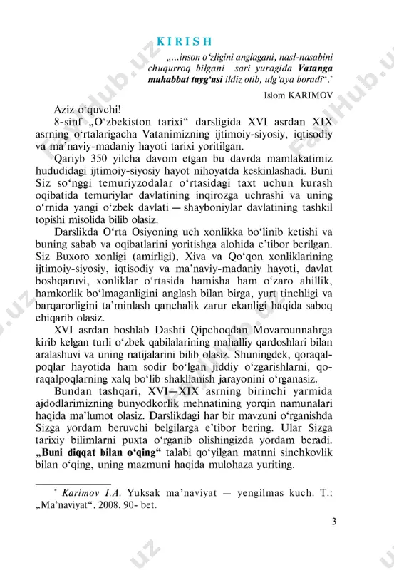 arini bilib olasiz. 1- §. xv asr oxiri—xvi asr boshlarida xuroson va movarounnahrdagi siyosiy vaziyat siyosiy ahvol uchun kurash kuchaydi qismlarga bo‘linib ketdi. deb hisoblar edi. 1469- husayn boyqaro (behzod tomonidan ishlangan m iniatura). xuroson hukm dori shohrux m irzo 1447-yili vafot etgach, to j-u taxt . natijada, xuroson davlati bir necha ulaming har bin o‘zini mustaqil davlat yilda amir temuming ikkinchi o ‘g‘li umarshayxning nabirasi sulton hu- sayn boyqaro xuroson taxtini egalladi. salkam 40 yil hukmronlik qilgan sulton husayn boyqaro davrida ham mamlakatda to ‘la osoyishtalik o‘matil- magan bo‘lsa-da, xuroson davlatining xo‘jalik va madaniy hayoti ancha yuk- sak darajada rivojlandi. mamlakat obo- donchiligi yo‘lida katta ishlar amalga oshirildi. bunda husayn boyqaroning hukmdorlik salohiyati m uhim o ‘rin tutdi. vazir alisher navoiyning xiz- matlari ham benihoya katta bo‘ldi. 1506-yilda sulton husayn boy­ qaro vafot etdi. shundan keyin m am ­ lakatda qo‘shhokimiyatchilik vujudga 4 babir mirza sayasi kures alatsinda keldi. …